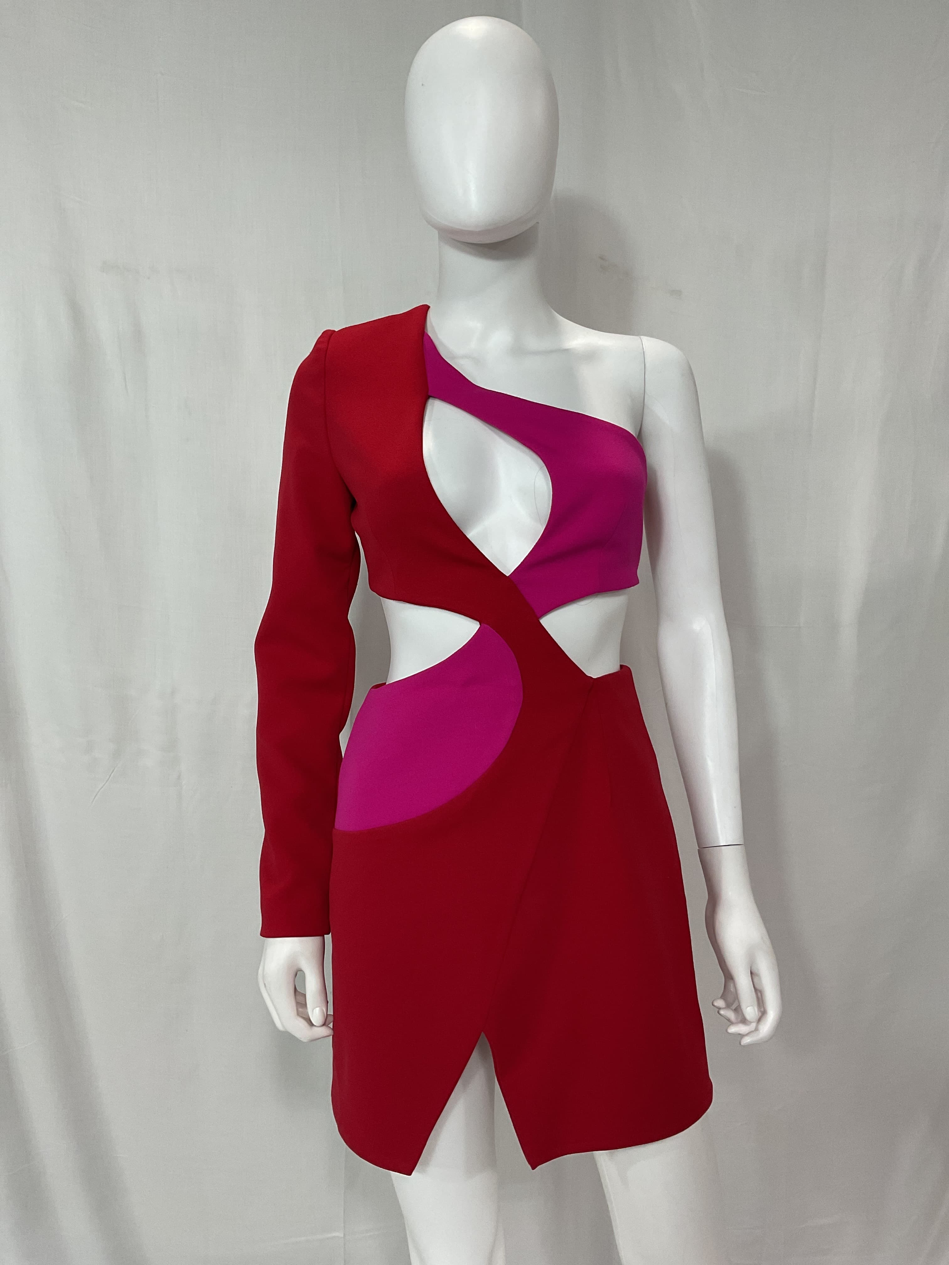 One Sleeve Cut Out Mini Dress In Cherry & Fuchsia - Image 2