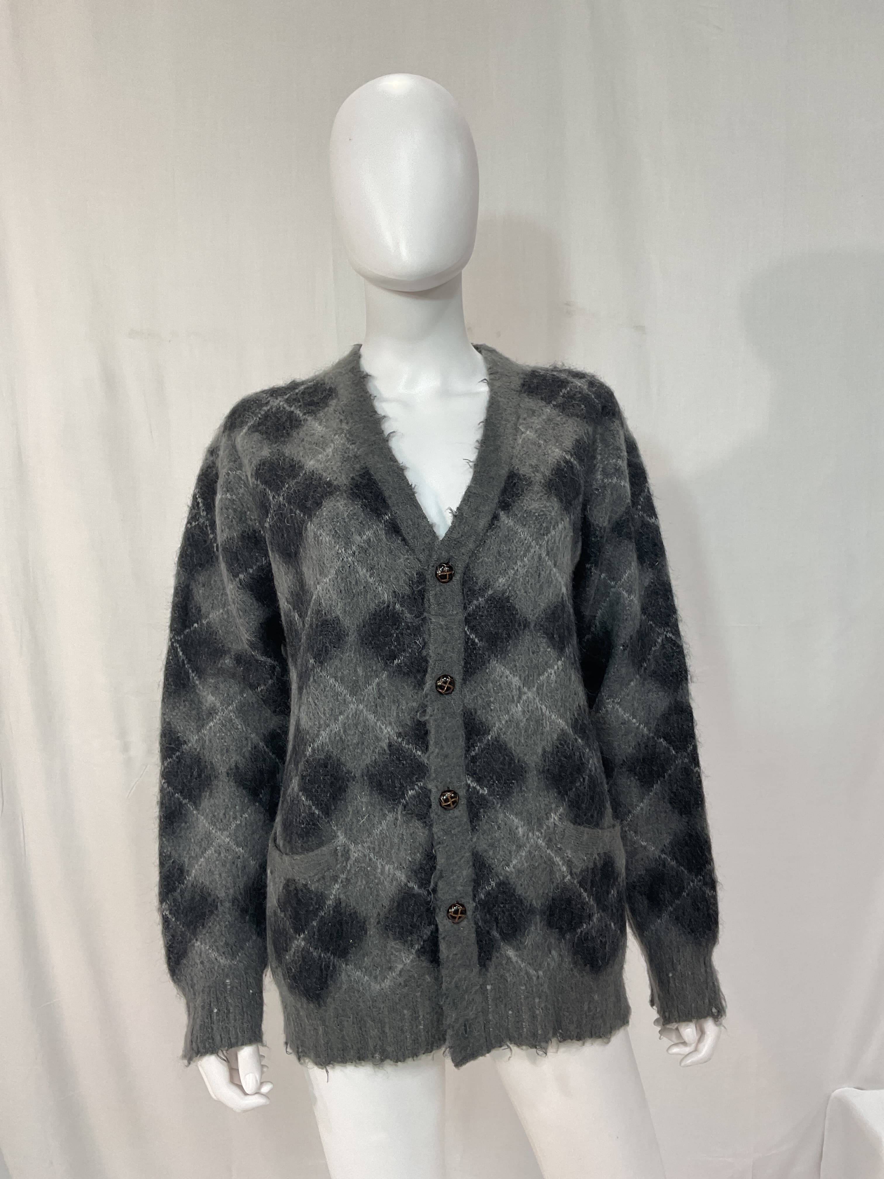 Fluffy Plaid Oversized Distressed Edge Cardigan In Charcoal & Black - Image 2