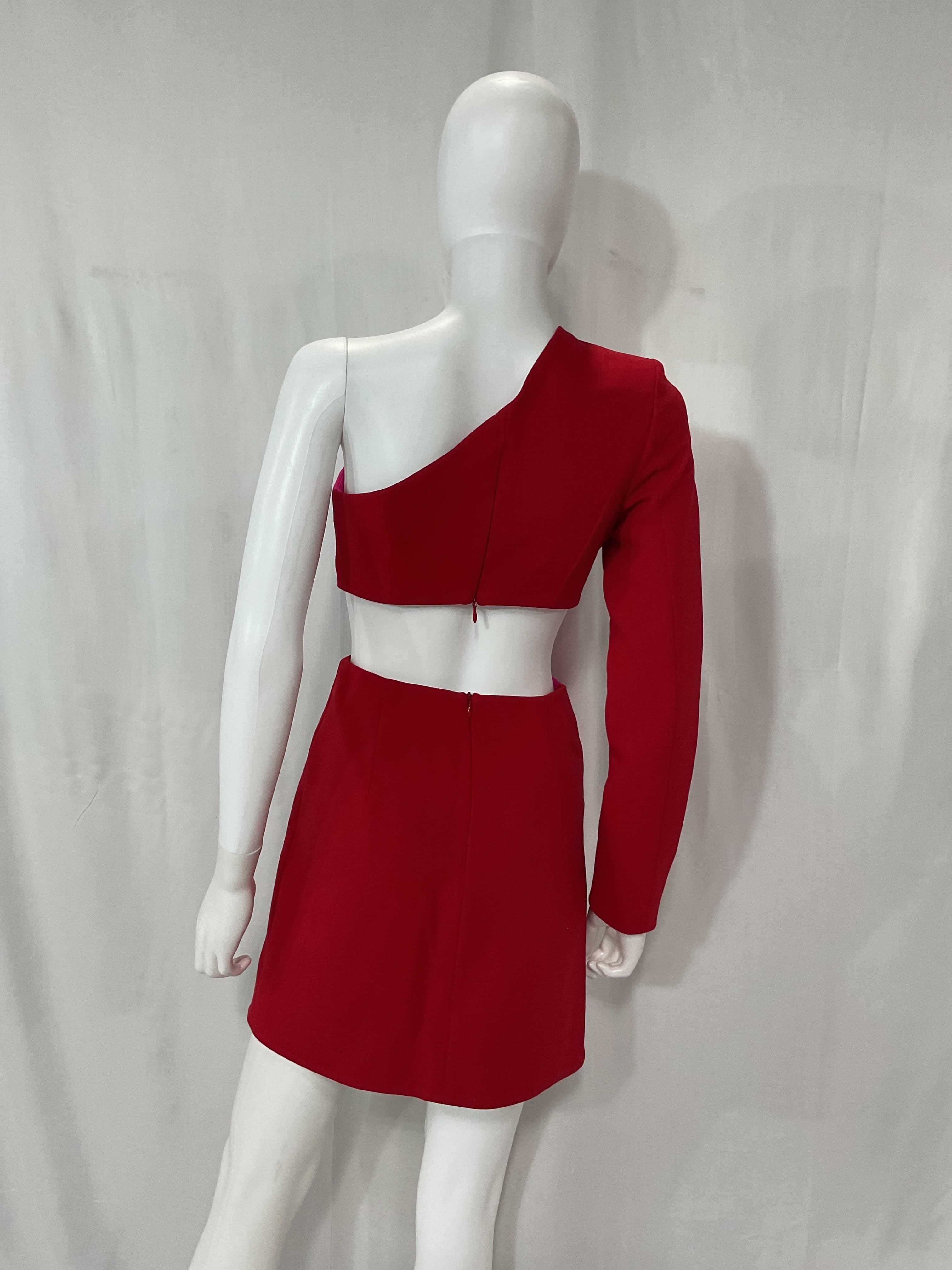 One Sleeve Cut Out Mini Dress In Cherry & Fuchsia - Image 3