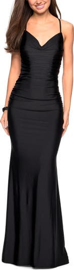 Form Fitting Jersey Dress With Ruching And Strappy Back - Image 1