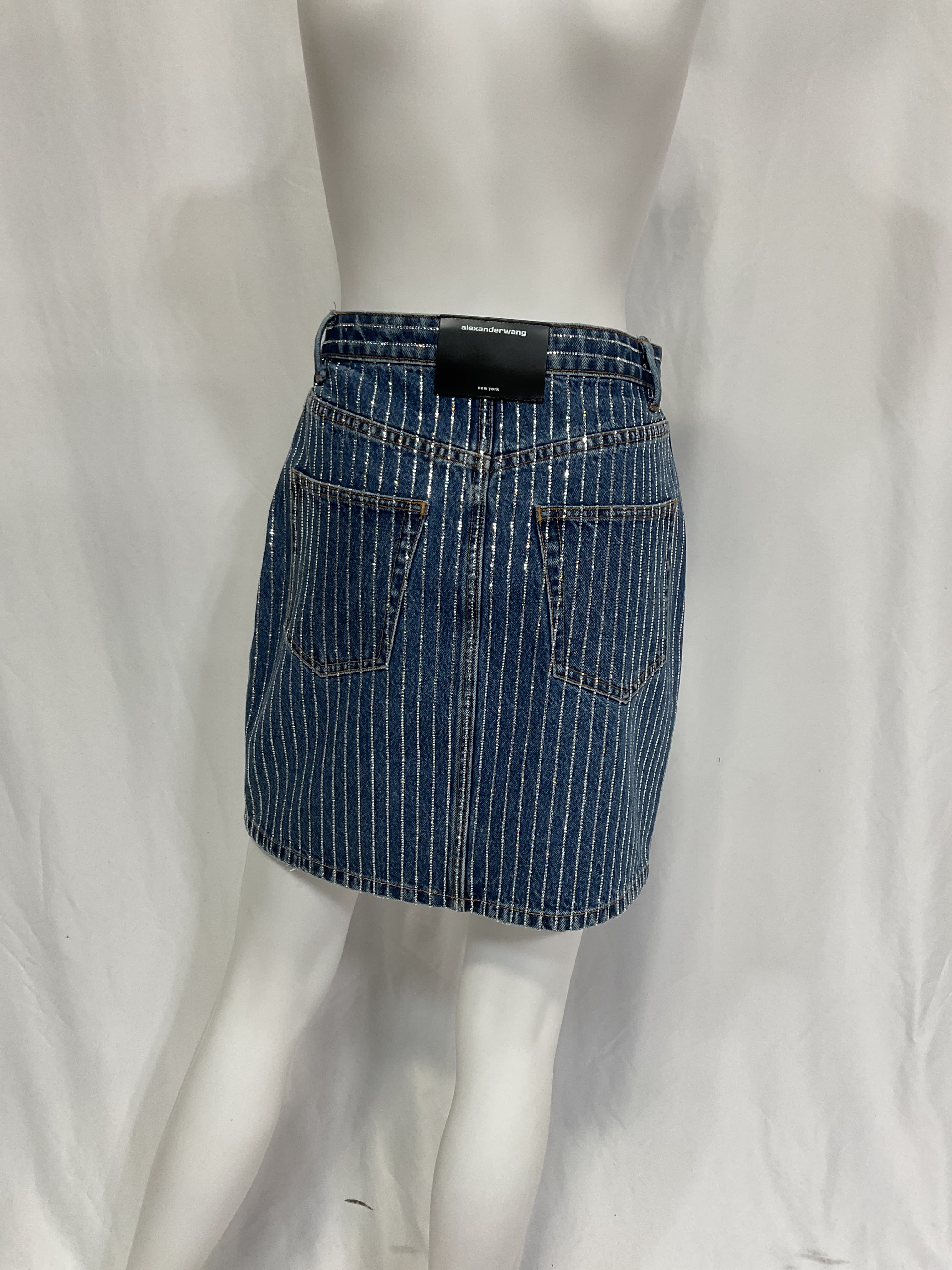 Pinstripe Embellished Denim Mini-Skirt - Image 4