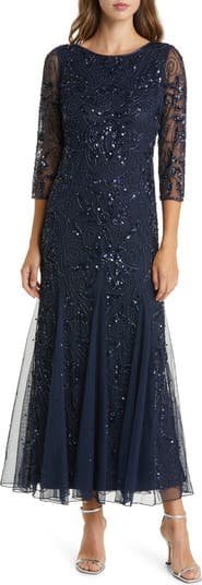 Illusion Sleeve Beaded A-Line Gown - Image 1