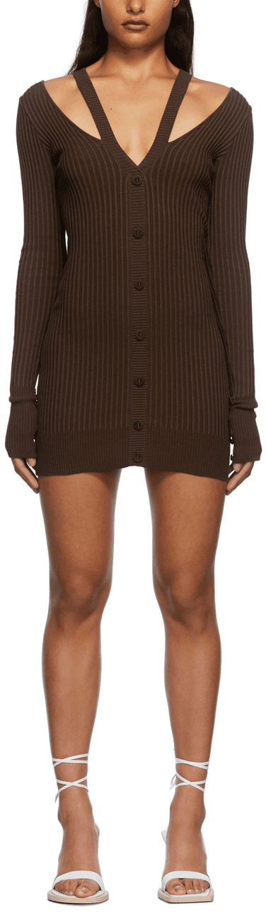 Brown Rib Knit Double Layer Mini Dress - Image 1