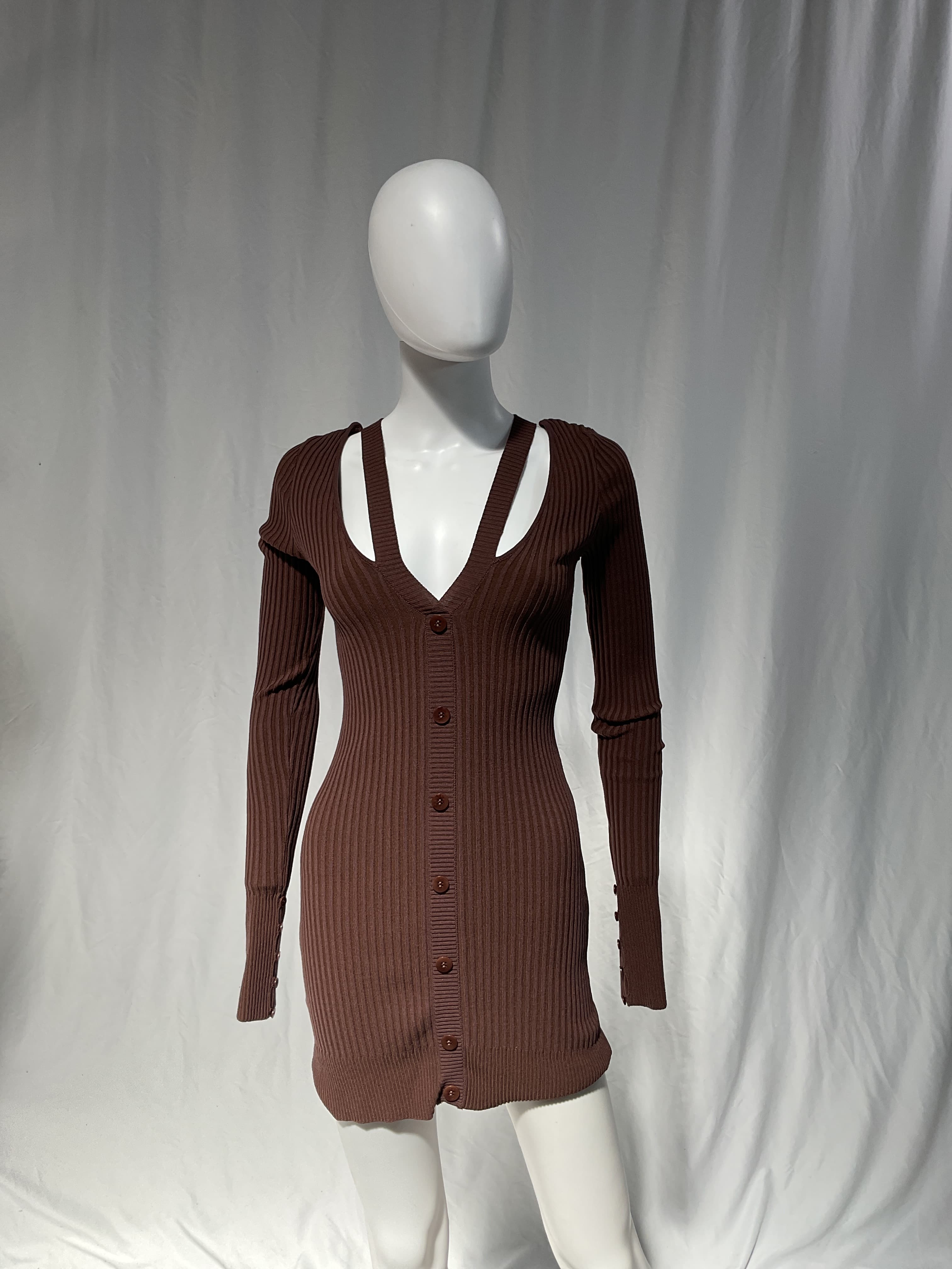 Brown Rib Knit Double Layer Mini Dress - Image 2