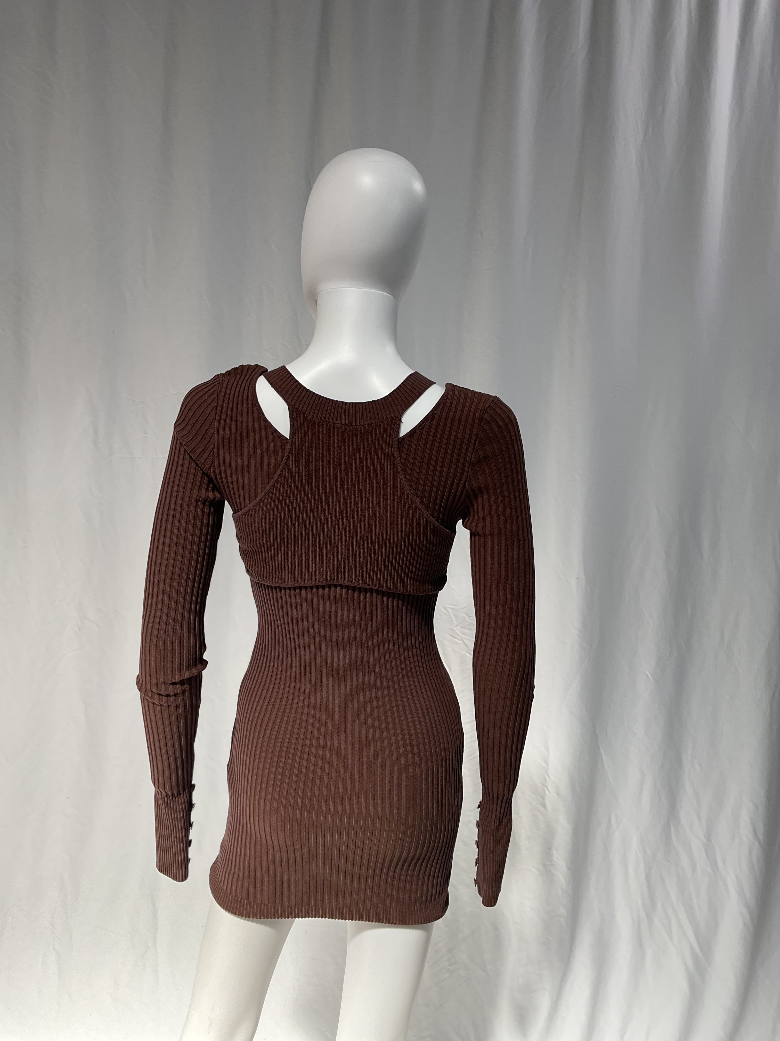 Brown Rib Knit Double Layer Mini Dress - Image 3