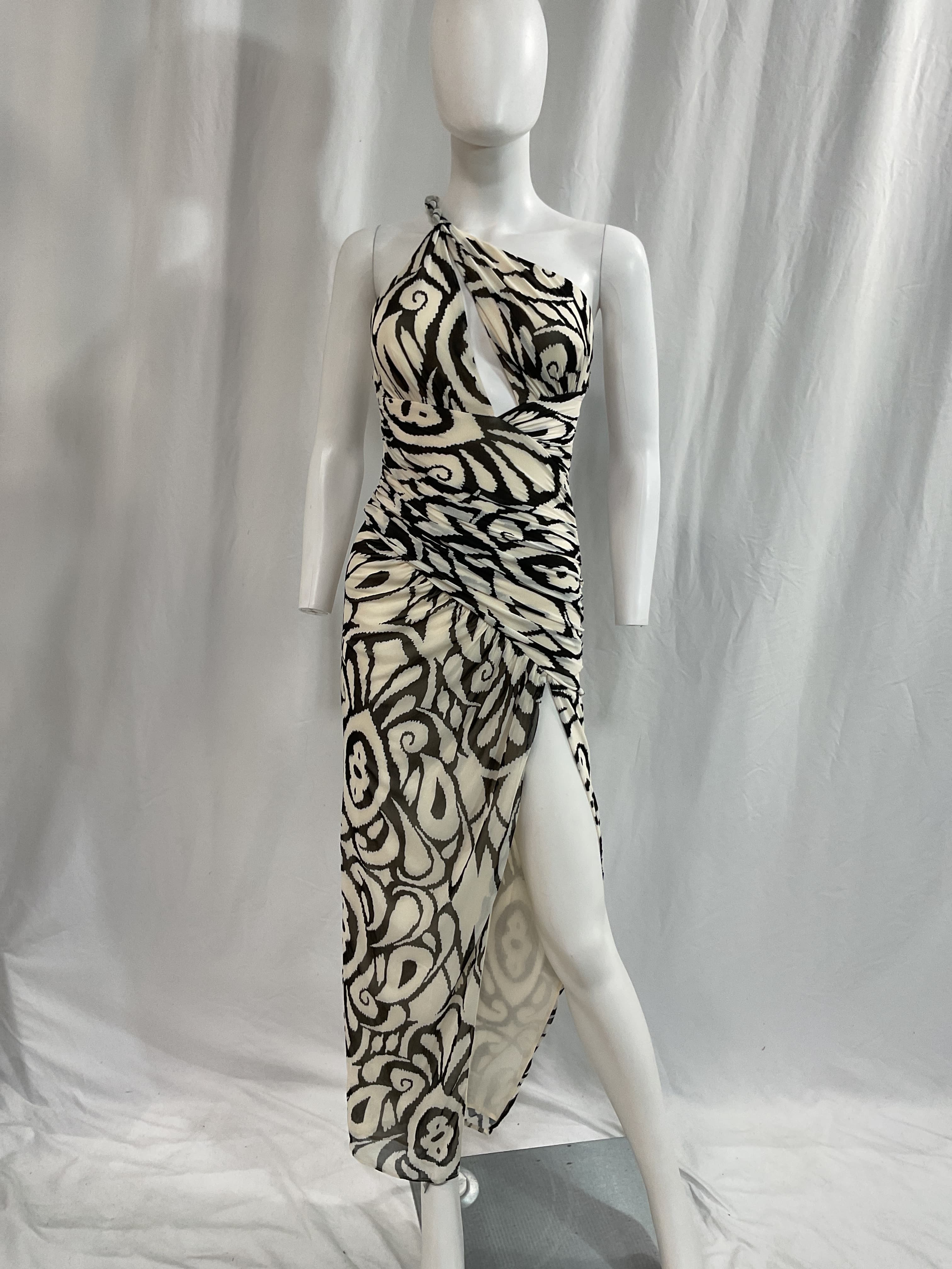 Drue Draped Asymmetrical Midi Dress In Ivory Inez Print - Image 2