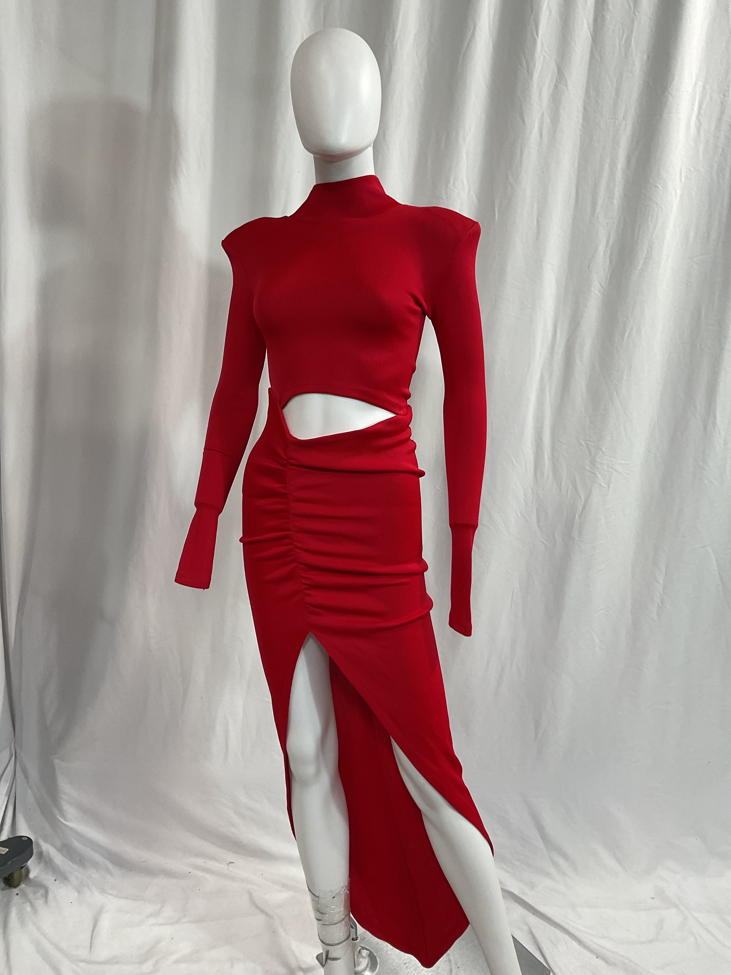 Long Sleeve Cut Out Dress In Red - Image 2