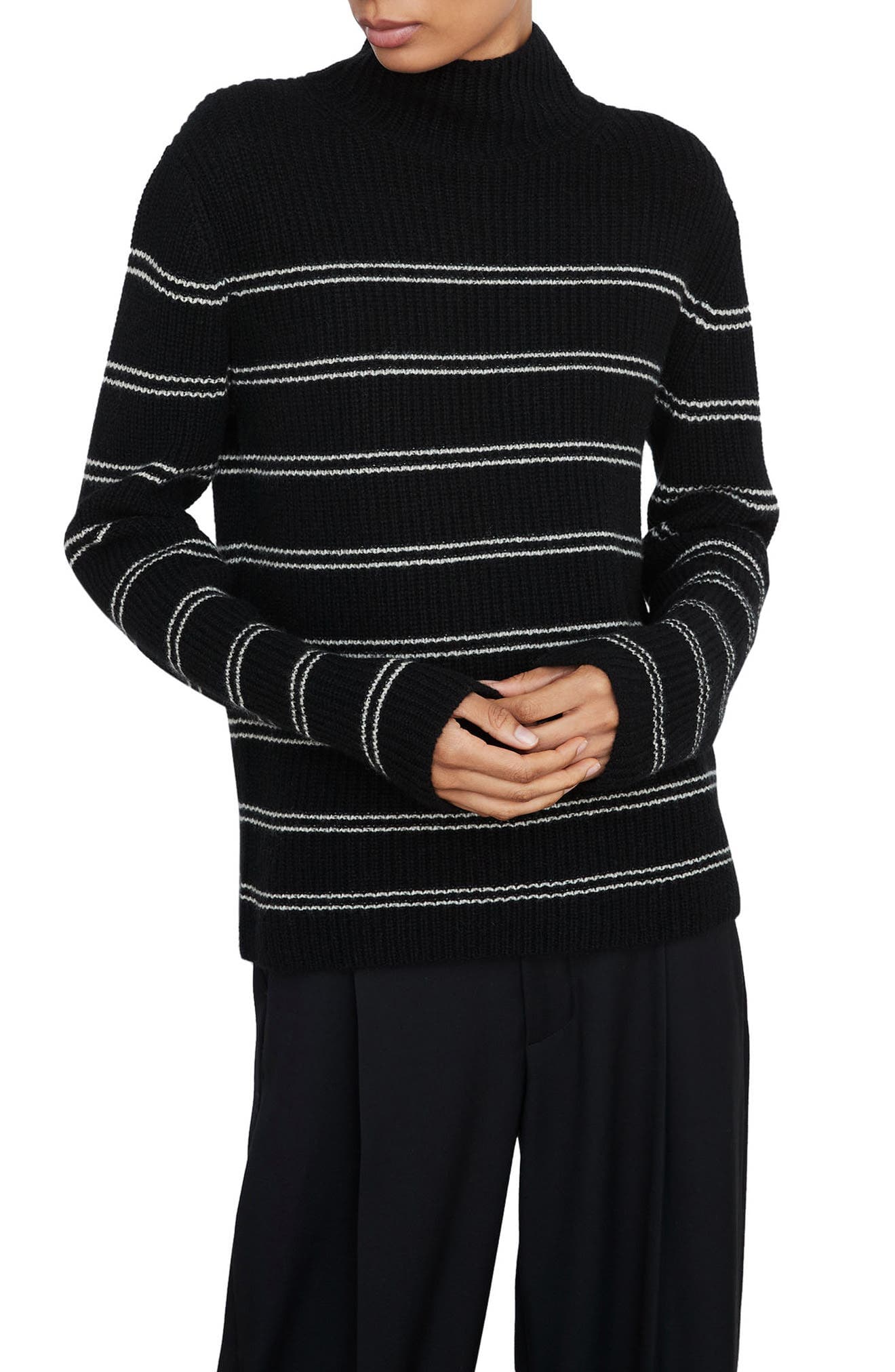 Stripe Shaker Stitch Wool Blend Mock Neck Sweater - Image 1