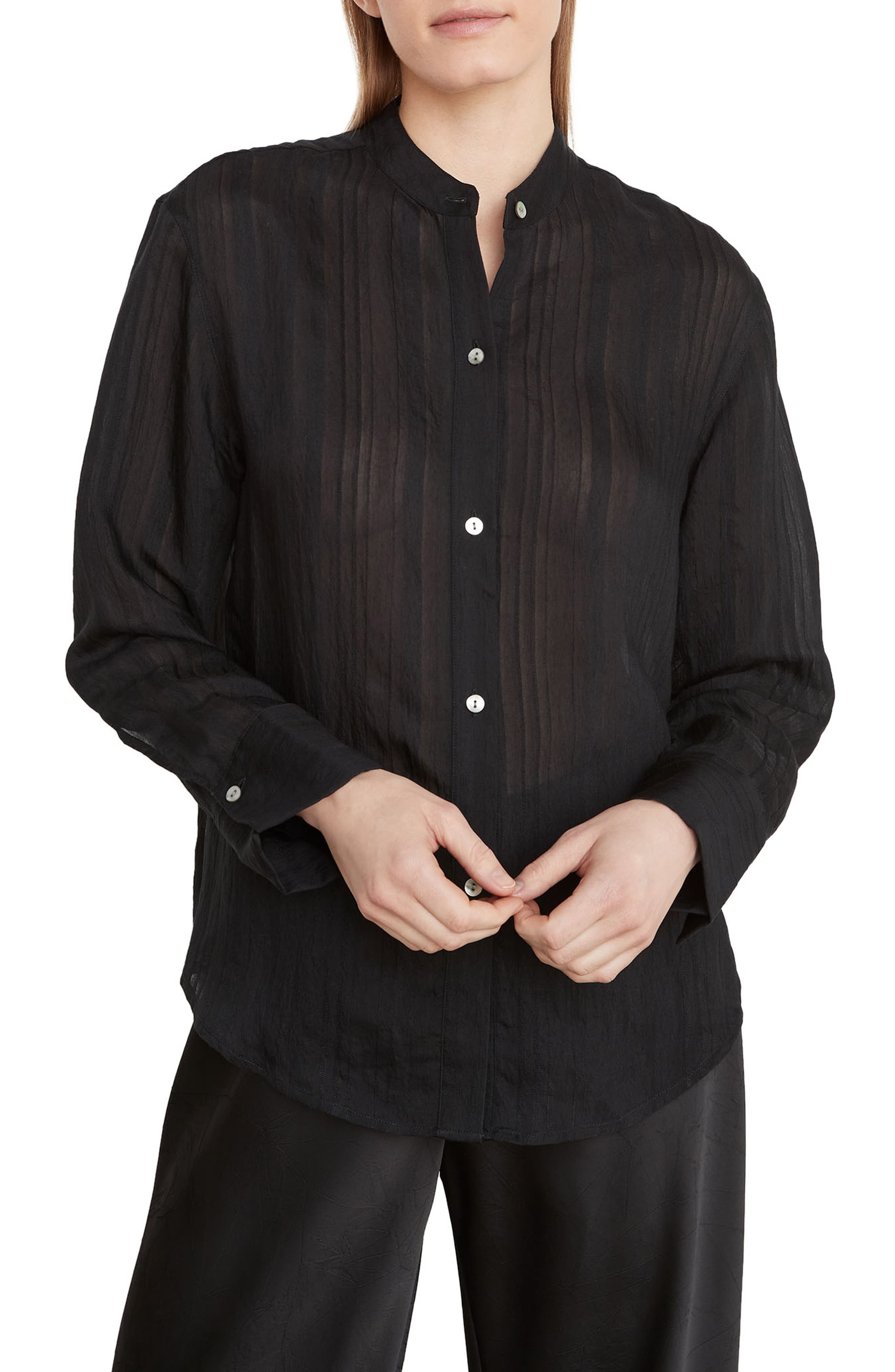 Drapey Stripe Band Collar Button-Up Shirt - Image 1