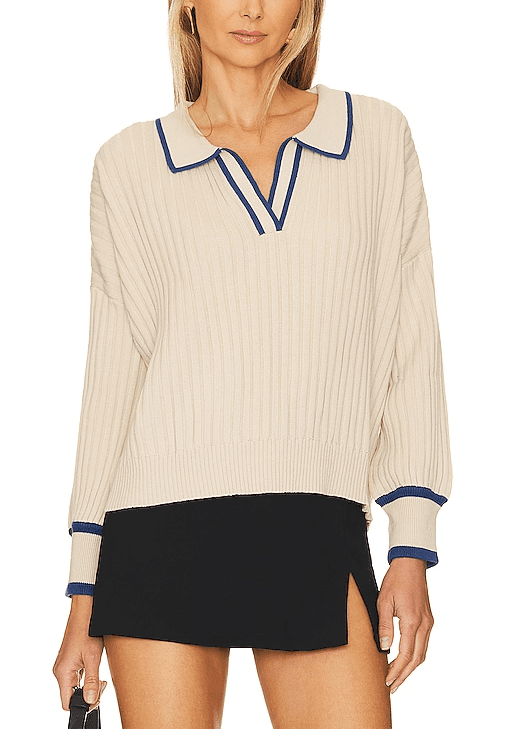 The Atalie Knit Top In Oatmeal Cobalt - Image 1
