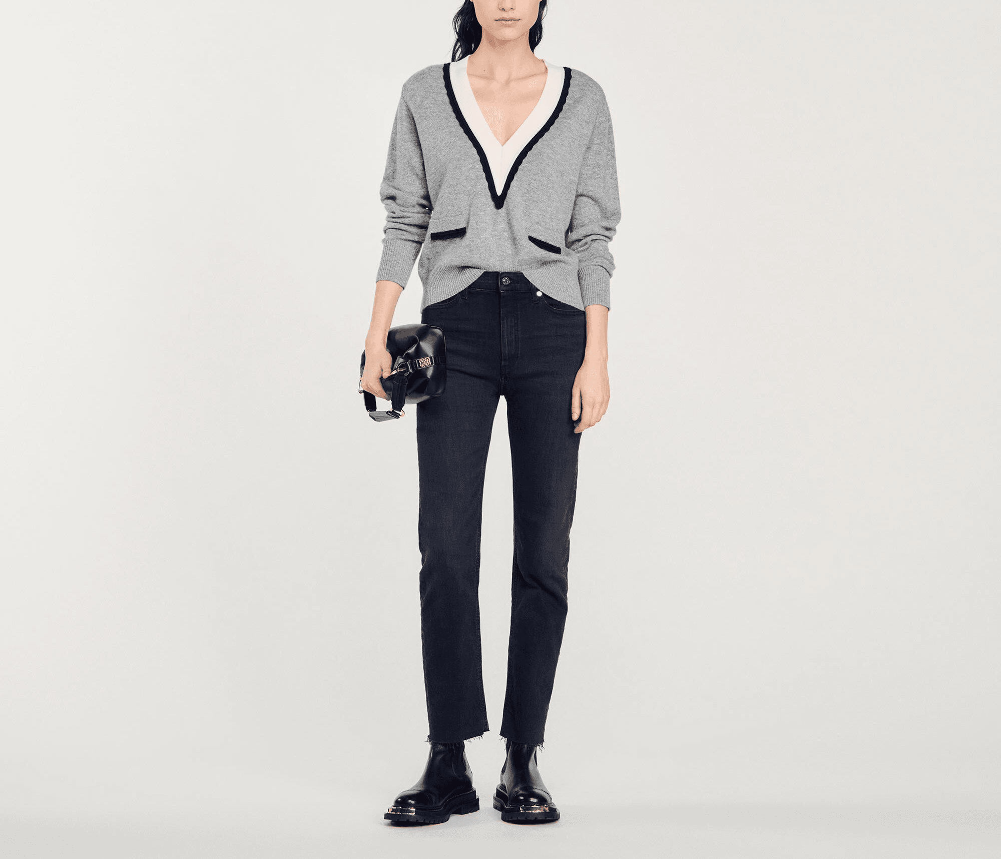 Sweater With Contrasting Deep V-Neck - Image 1