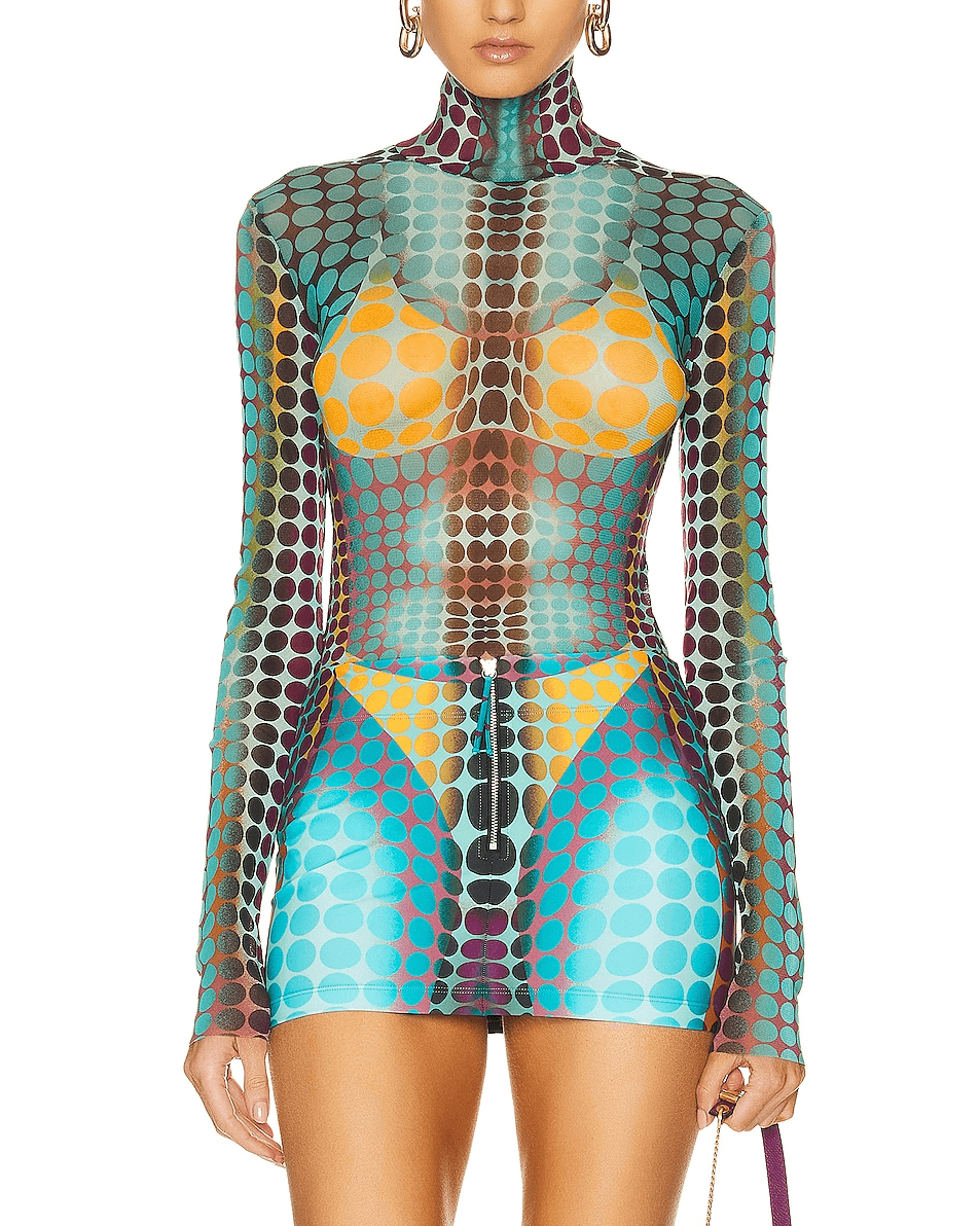 High Neck Long Sleeve Top In Blue, Purple, & Yellow - Image 1