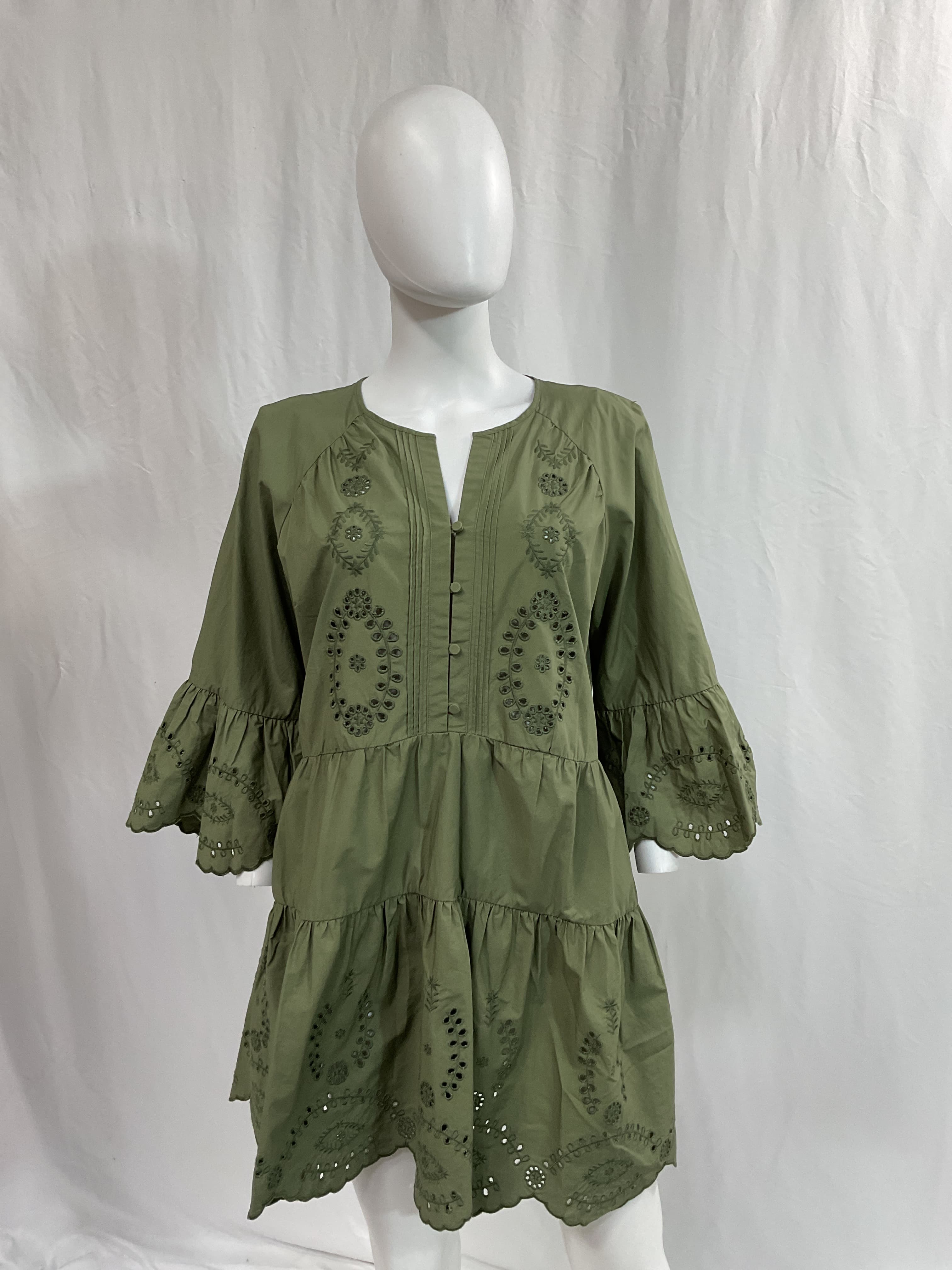 Broderie Organic Cotton Mini Dress In Khaki - Image 3