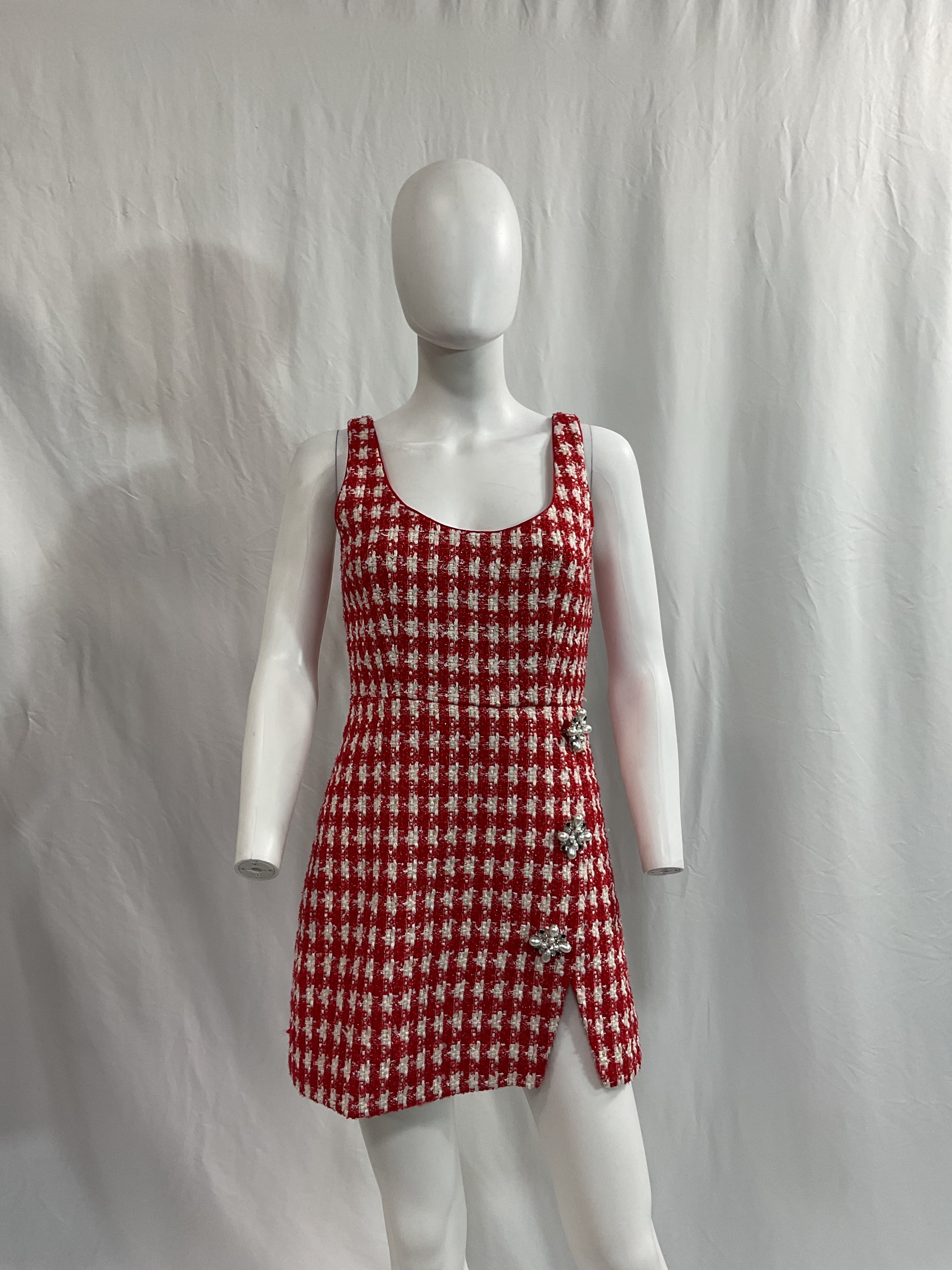 Check Boucle Mini Dress In Red - Image 4