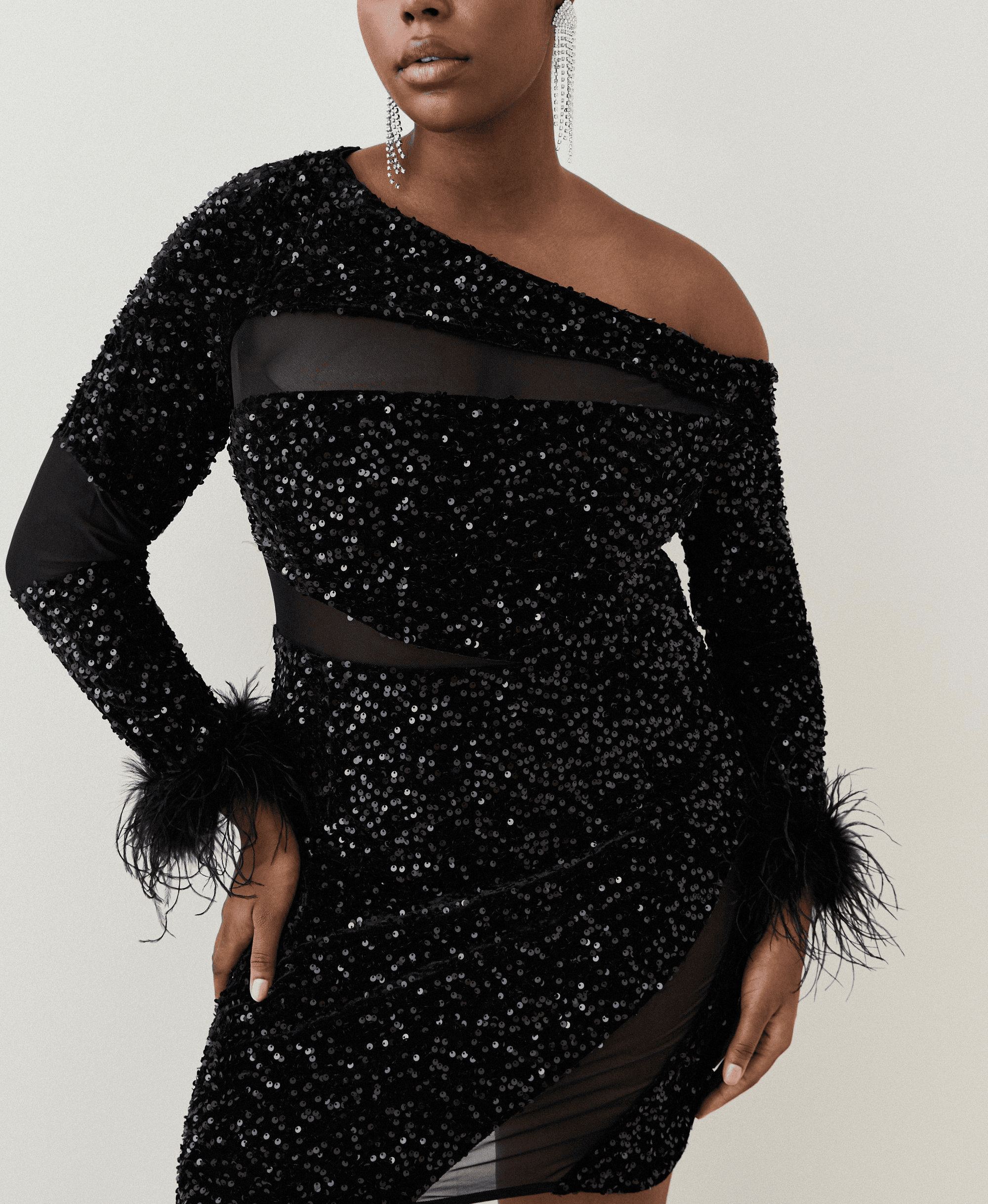 Plus Size Sequin Velvet Mesh Detail Feather Cuff Jersey Mini - Image 1