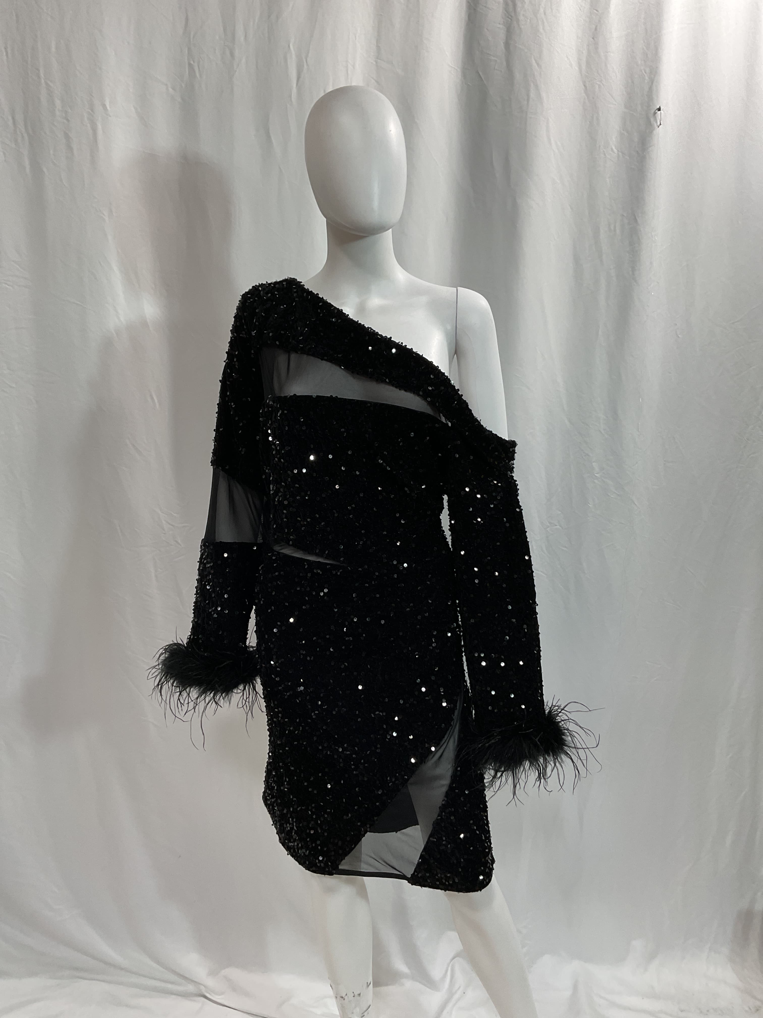 Plus Size Sequin Velvet Mesh Detail Feather Cuff Jersey Mini - Image 2