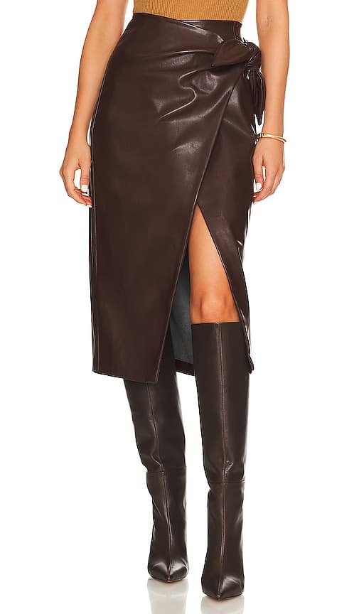 Faux Leather Wrap Skirt In Chocolate - Image 1