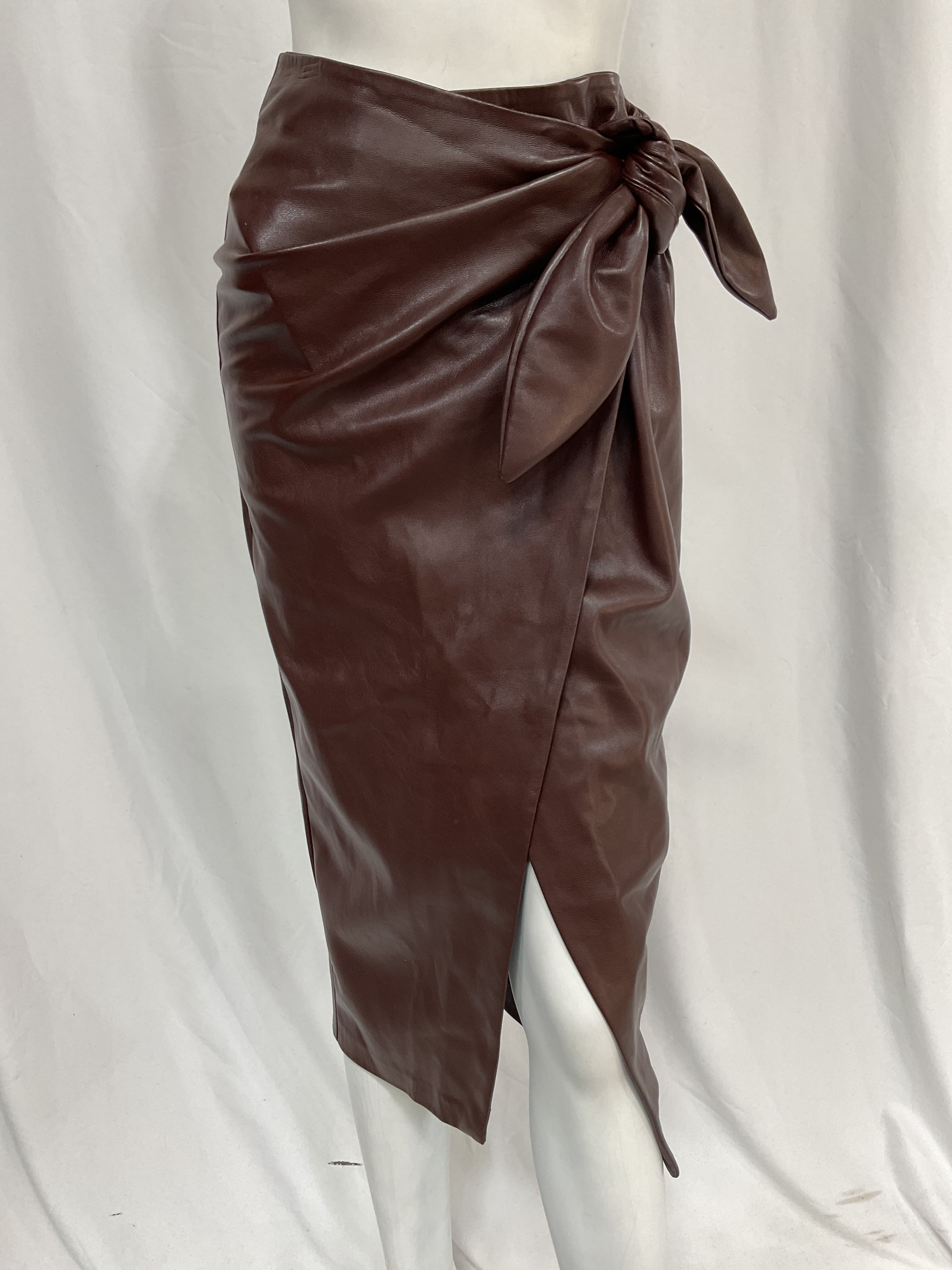 Faux Leather Wrap Skirt In Chocolate - Image 2