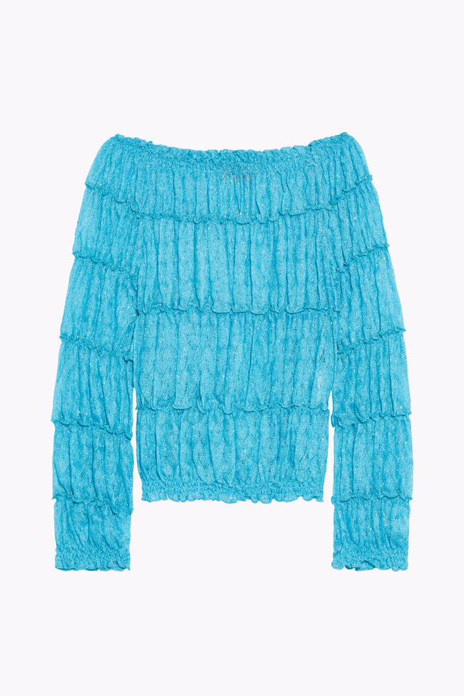 Off-The-Shoulder Shirred Metallic Crochet-Knit Sweater - Image 1