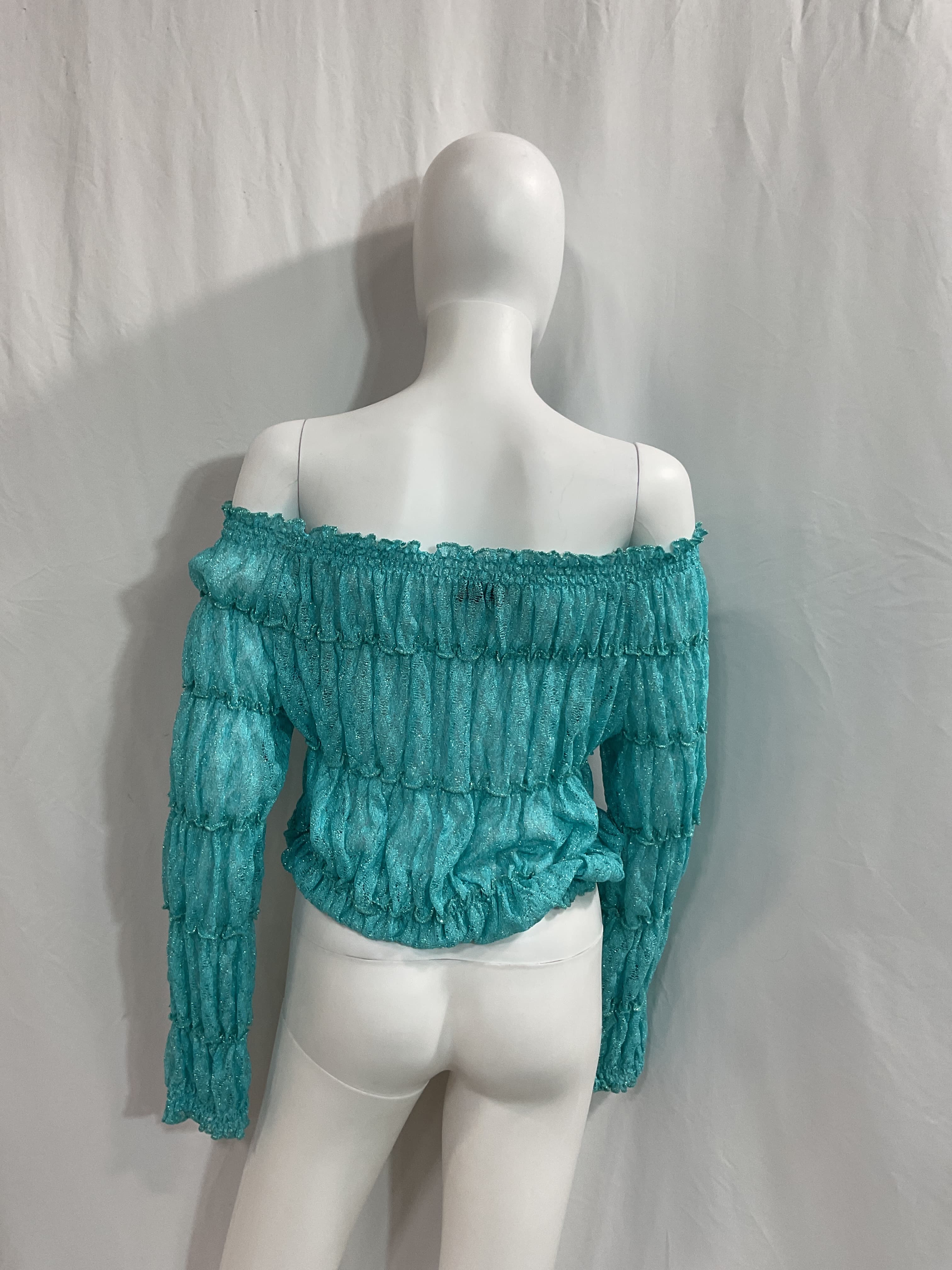 Off-The-Shoulder Shirred Metallic Crochet-Knit Sweater - Image 3