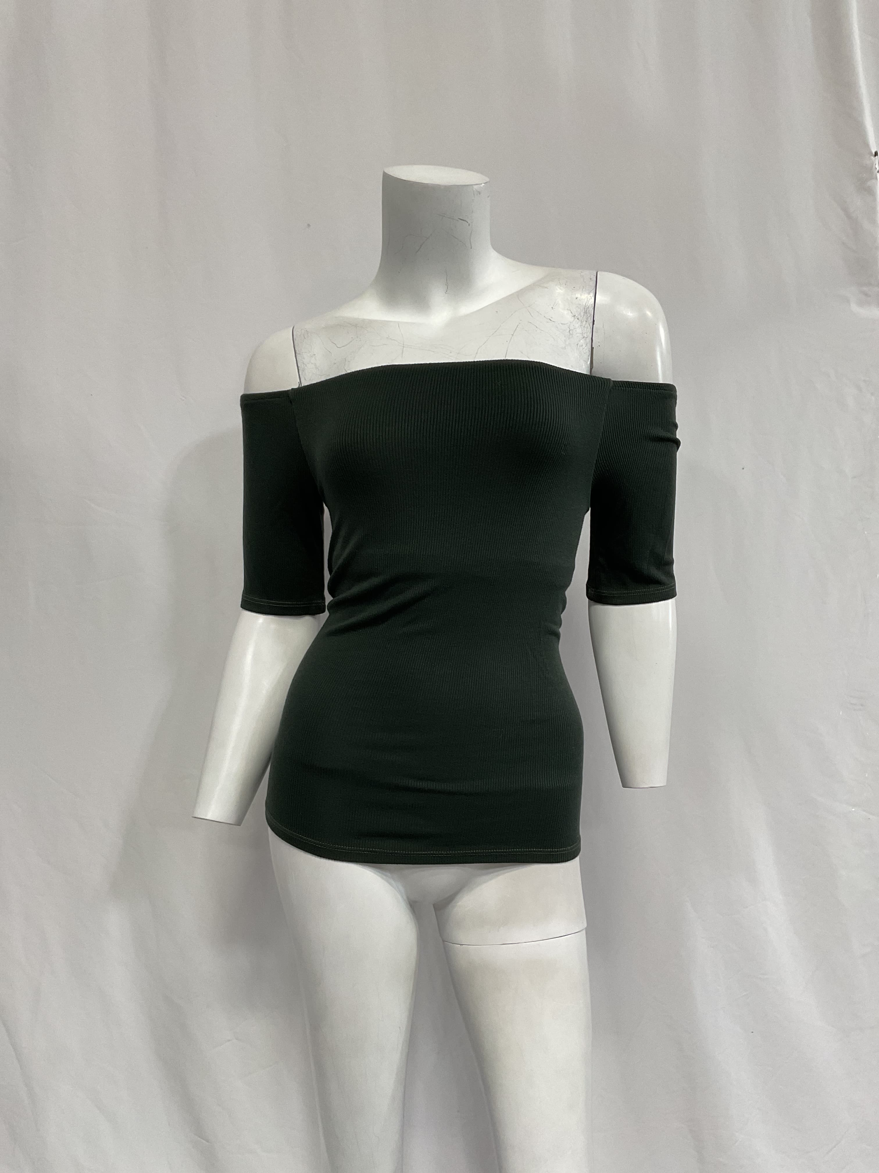Stretch Silk Knit Half Sleeve Off The Shoulder Top In Dark Cedar - Image 2