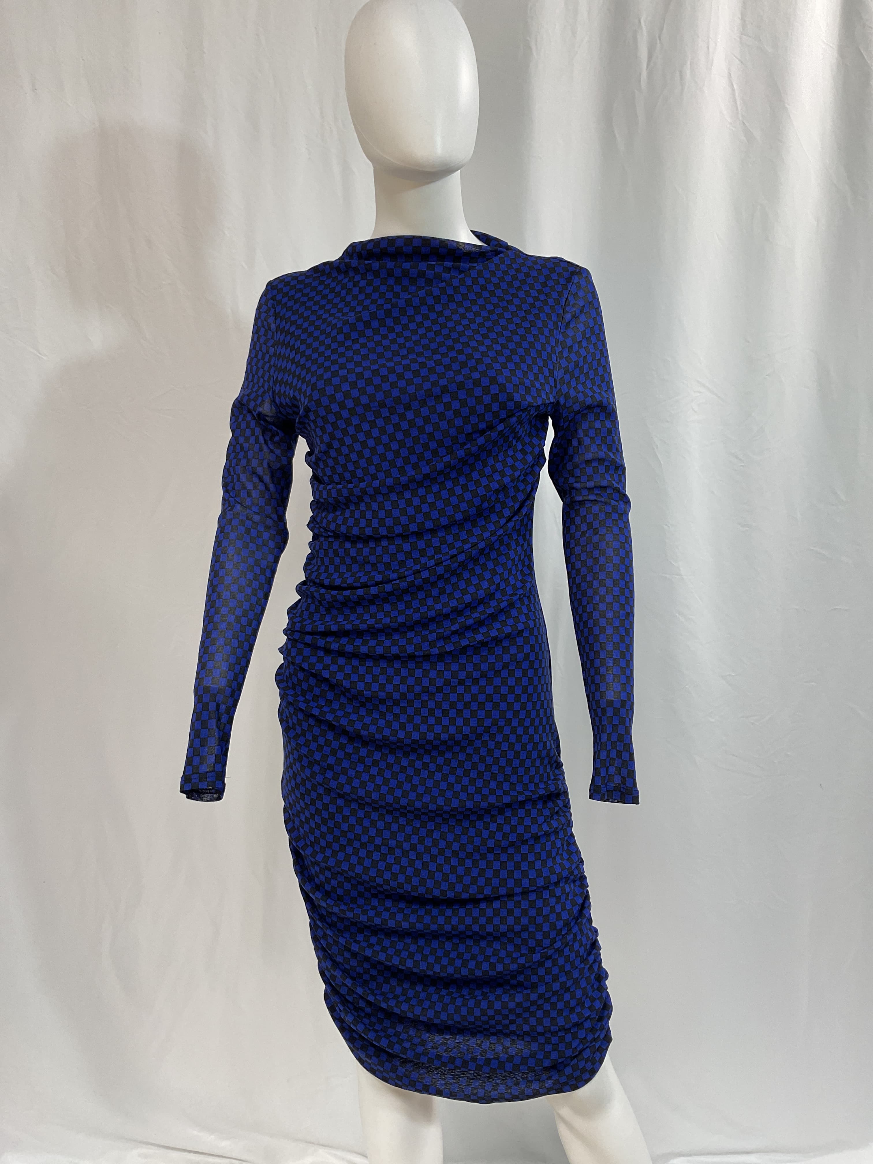 Mesh Long Sleeve Twist Dress In Black & Baltic Checker - Image 2