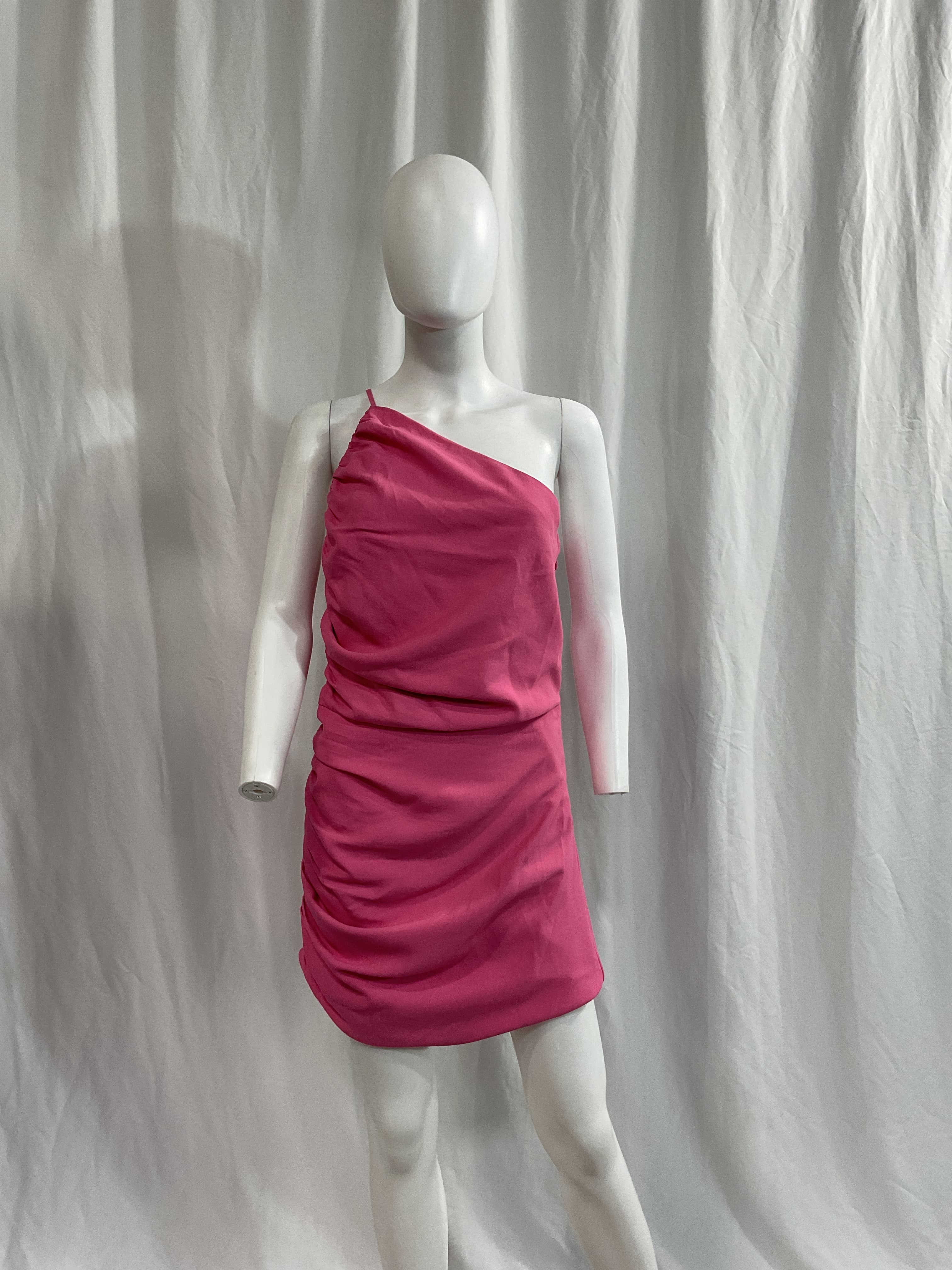 Asymmetric Gathered Mini Dress In Flamingo - Image 2