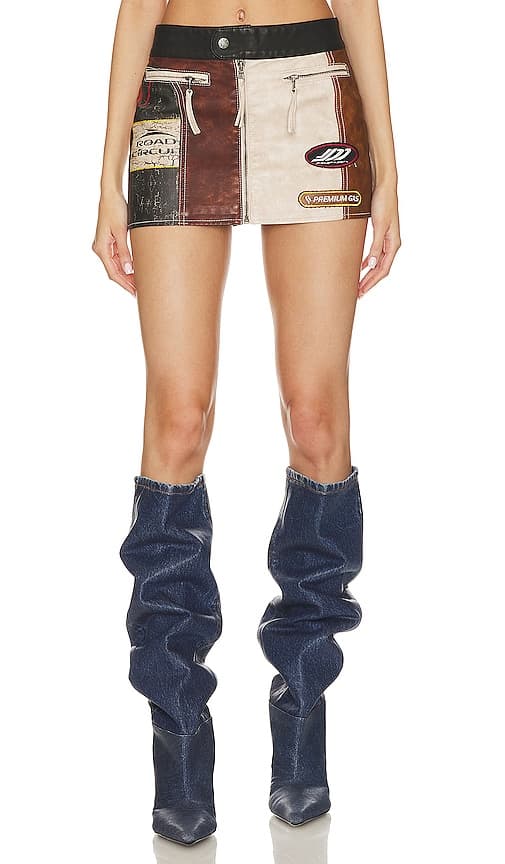 Daytona Faux Leather Mini Skirt In Brown & Blue - Image 1