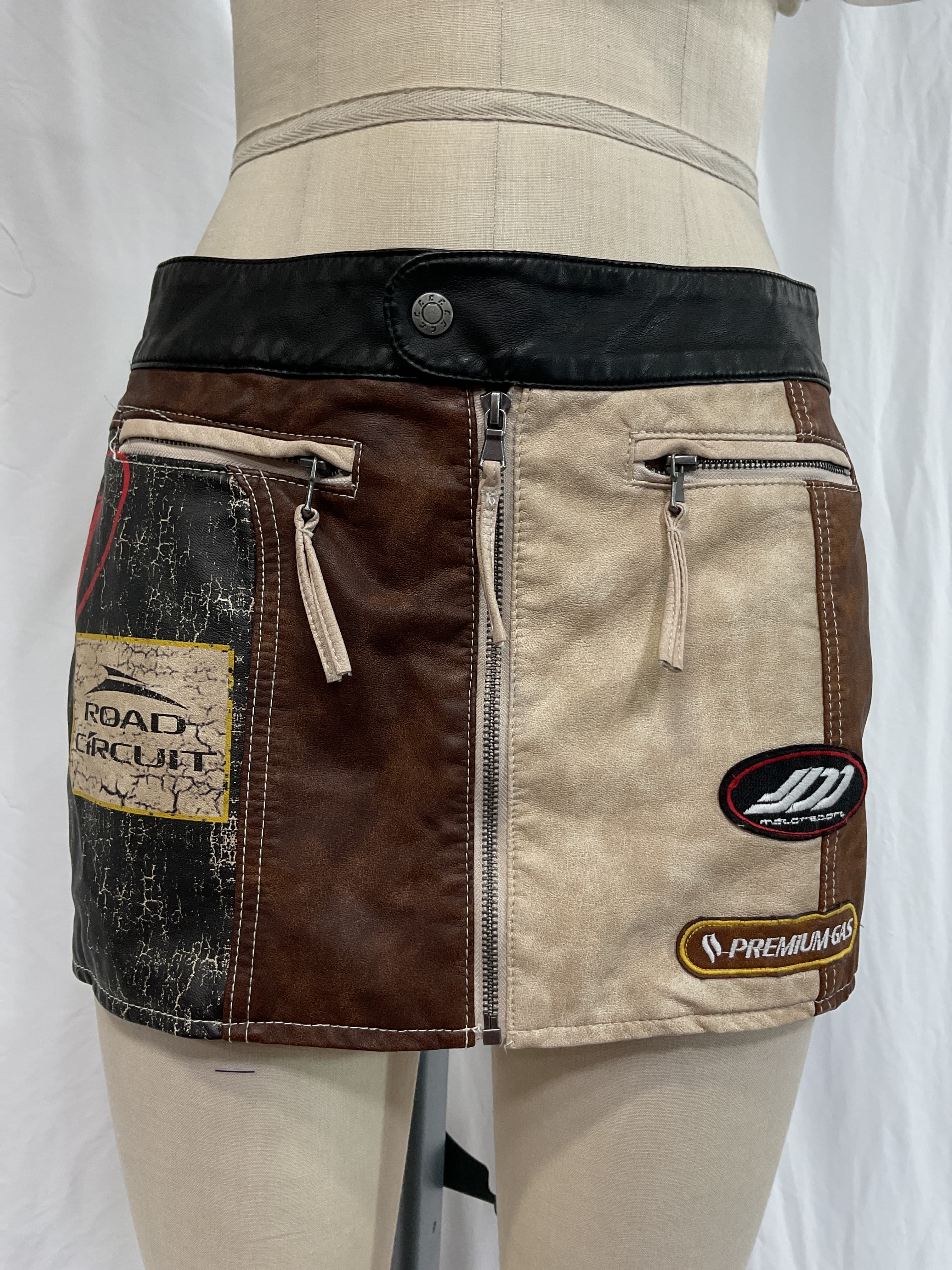 Daytona Faux Leather Mini Skirt In Brown & Blue - Image 4
