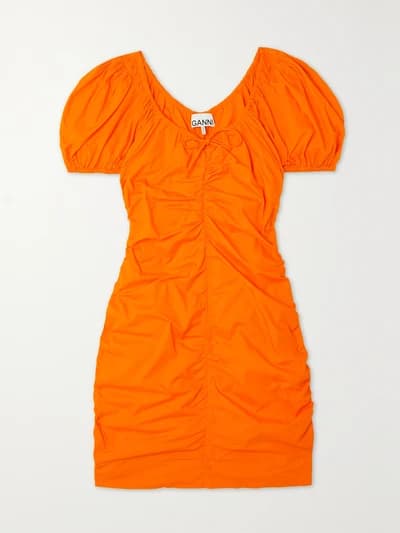 Bow-Detailed Ruched Cotton-Poplin Mini Dress - Image 1