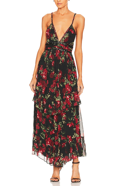 Maxi Dress In Black & Red Roses - Image 1