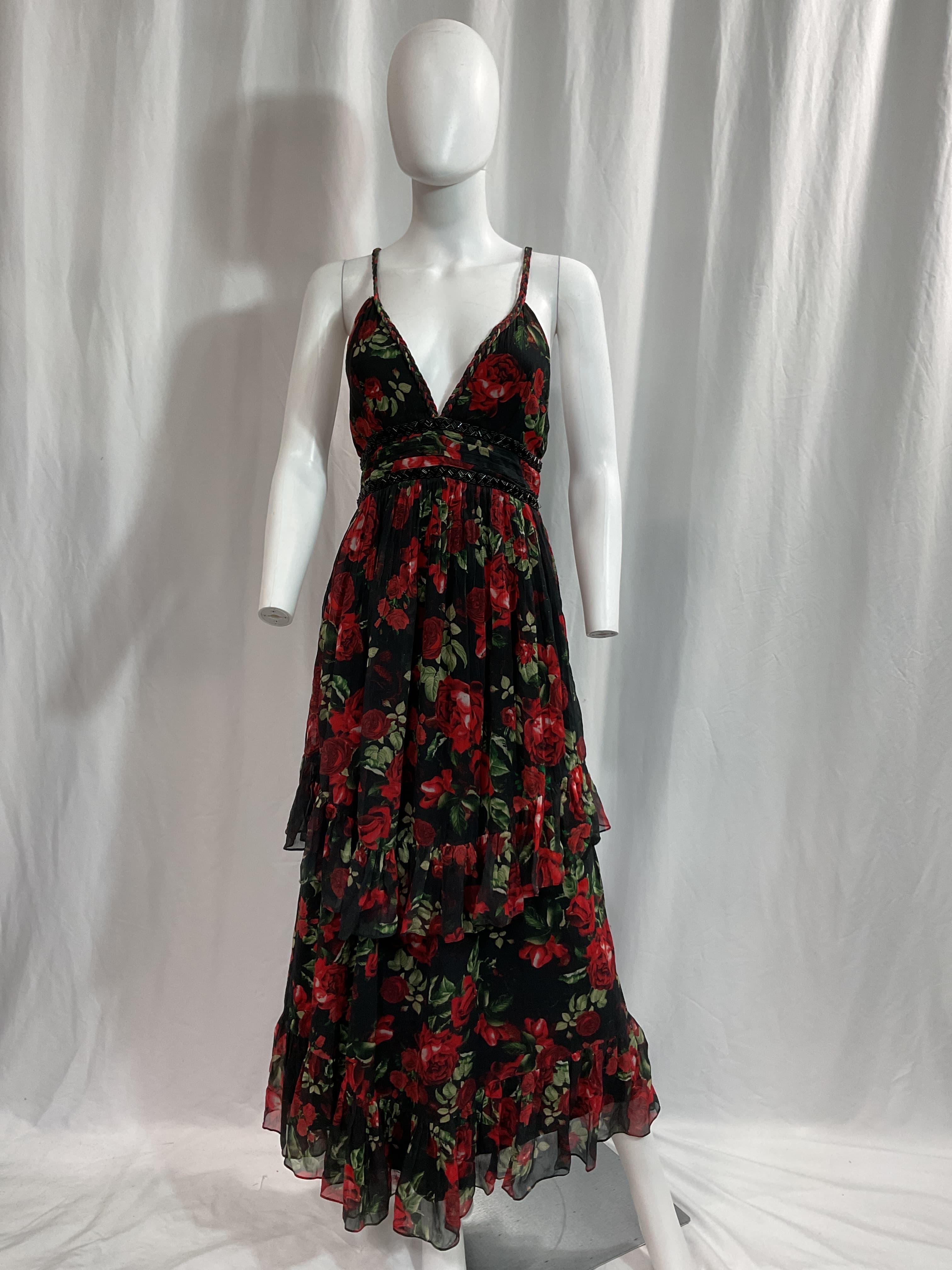 Maxi Dress In Black & Red Roses - Image 2