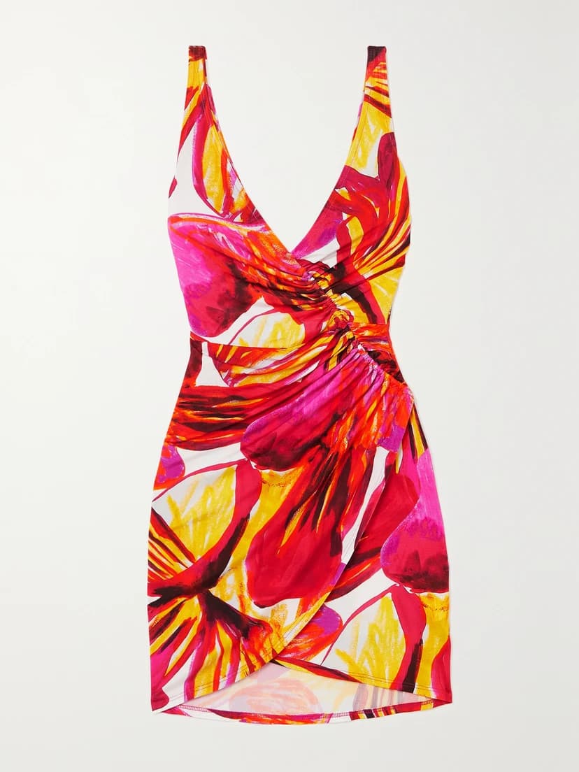 Summer Solstice Wrap-Effect Ruched Printed Stretch-Jersey Mini Dress - Image 1
