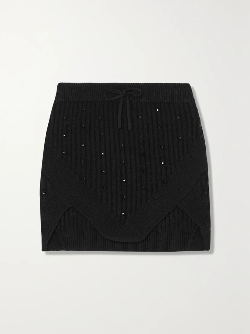 Asymmetric Embellished Ribbed-Knit Mini Skirt - Image 1