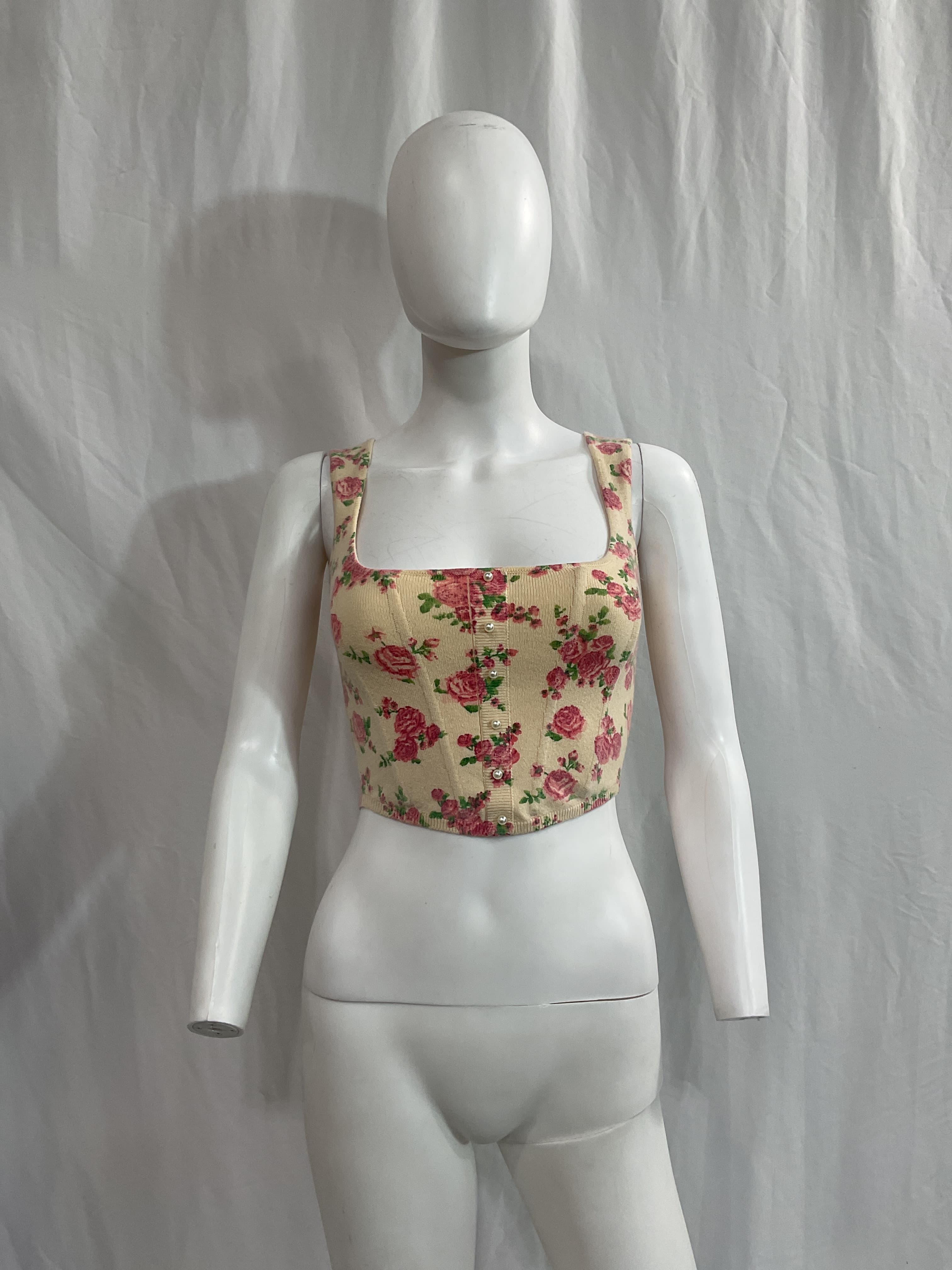 Knitted Corset Top In Cream Floral - Image 4