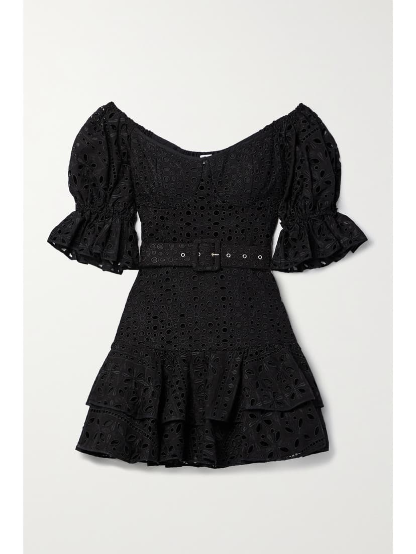 Jean Off-The-Shoulder Belted Broderie Anglaise Cotton-Blend Mini Dress - Image 1