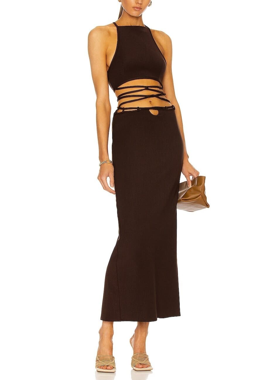 Wrapped Interlock Tie Halter Dress In Chocolate - Image 1