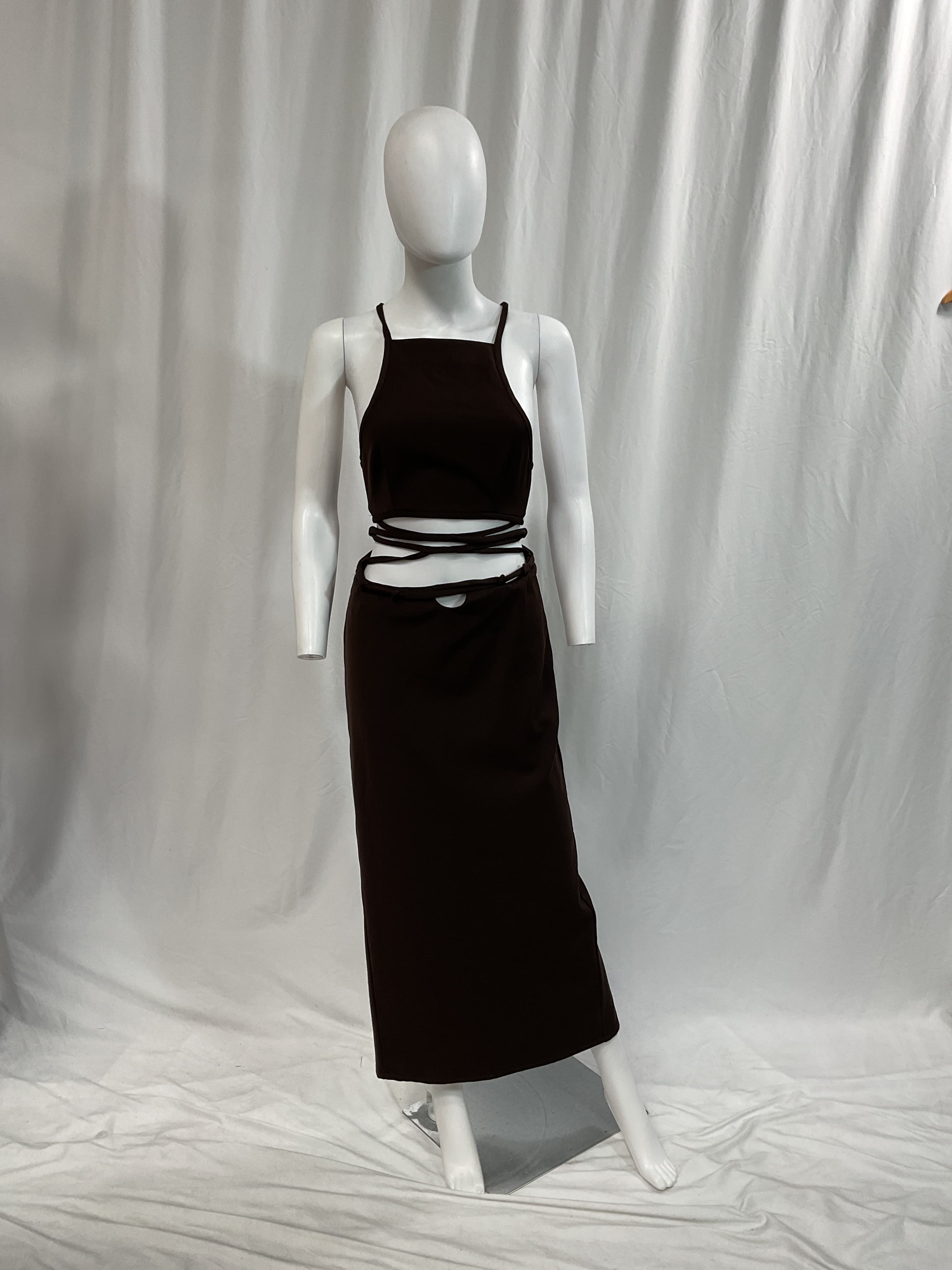 Wrapped Interlock Tie Halter Dress In Chocolate - Image 2