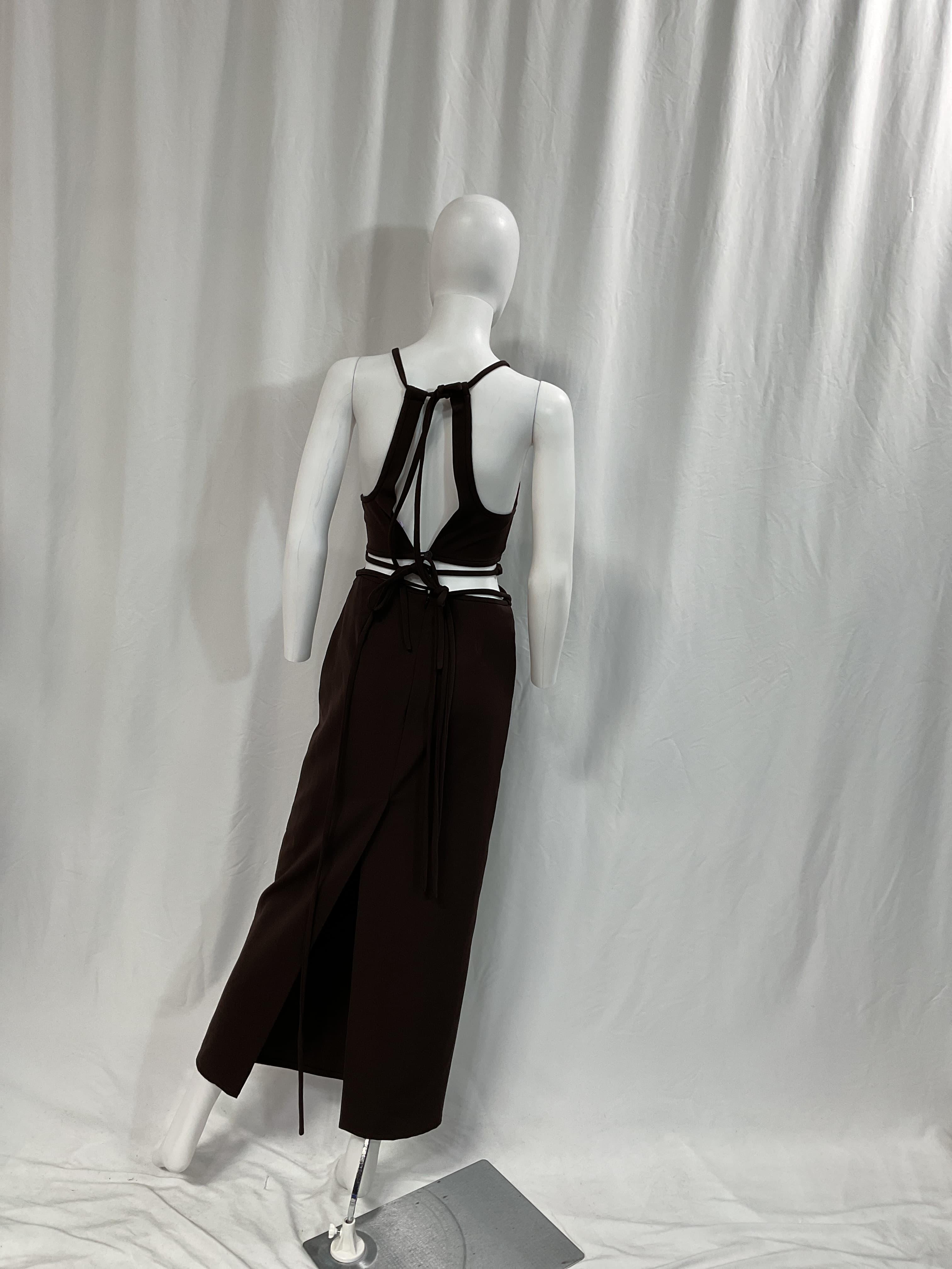 Wrapped Interlock Tie Halter Dress In Chocolate - Image 3