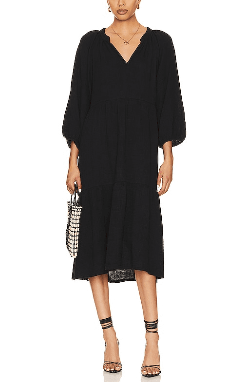 Imani Tiered Peasant Dress In Black - Image 1