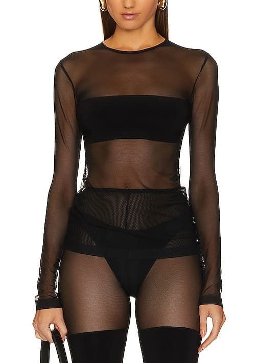 Long Sleeve Crewneck Dash Applique Top In Black & Mesh - Image 1