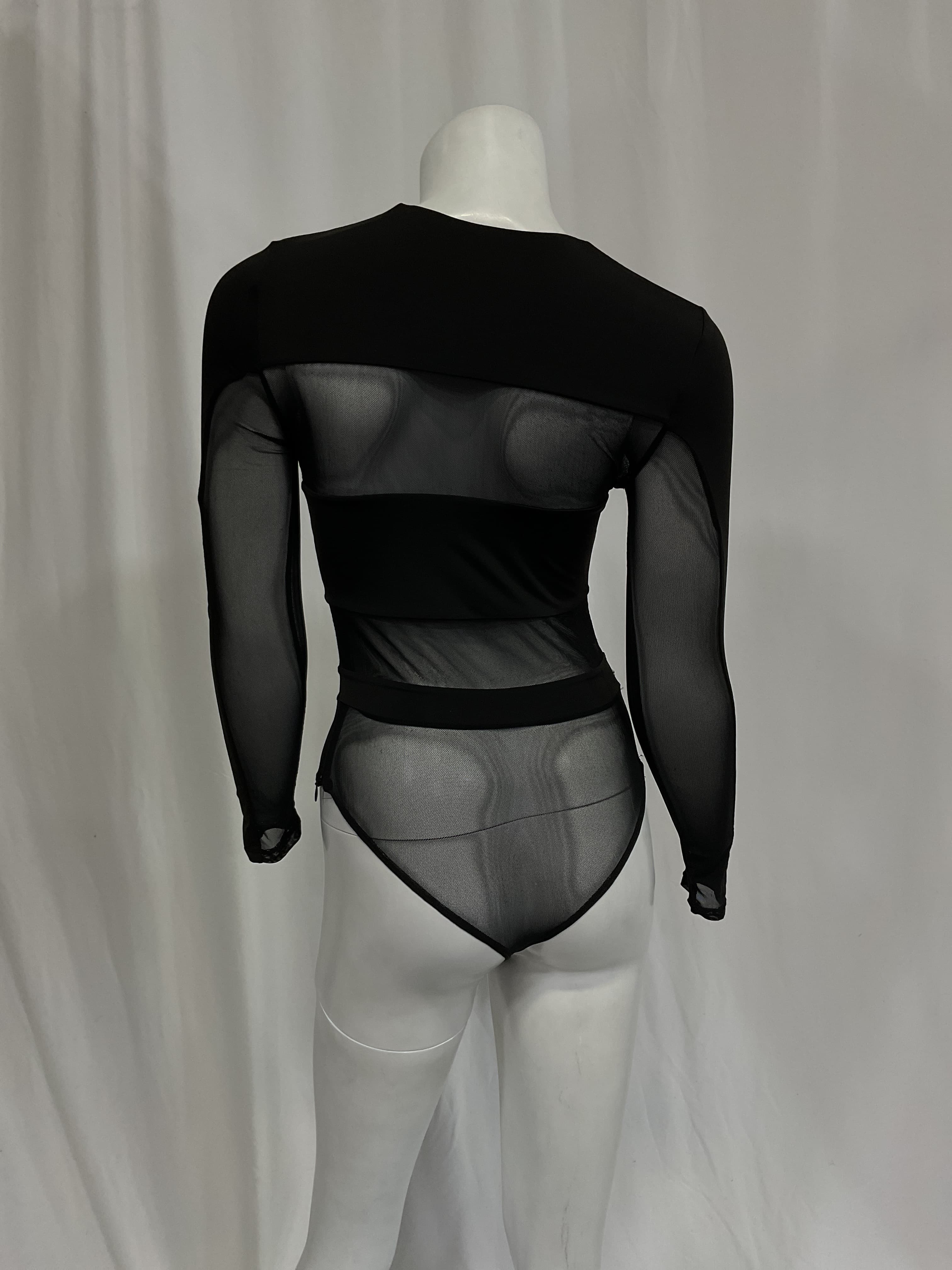 Long Sleeve Crewneck Dash Applique Top In Black & Mesh - Image 2