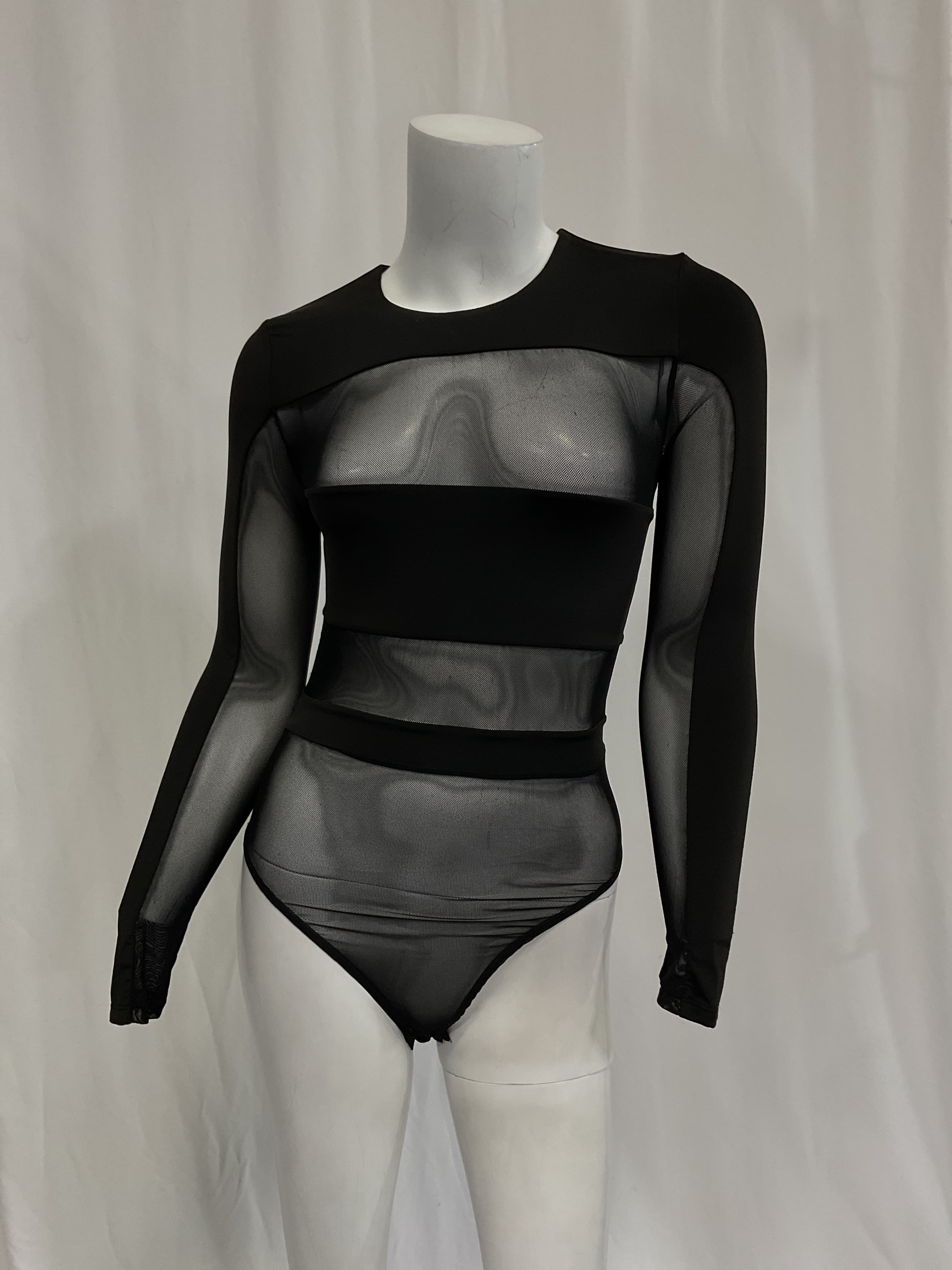 Long Sleeve Crewneck Dash Applique Top In Black & Mesh - Image 3
