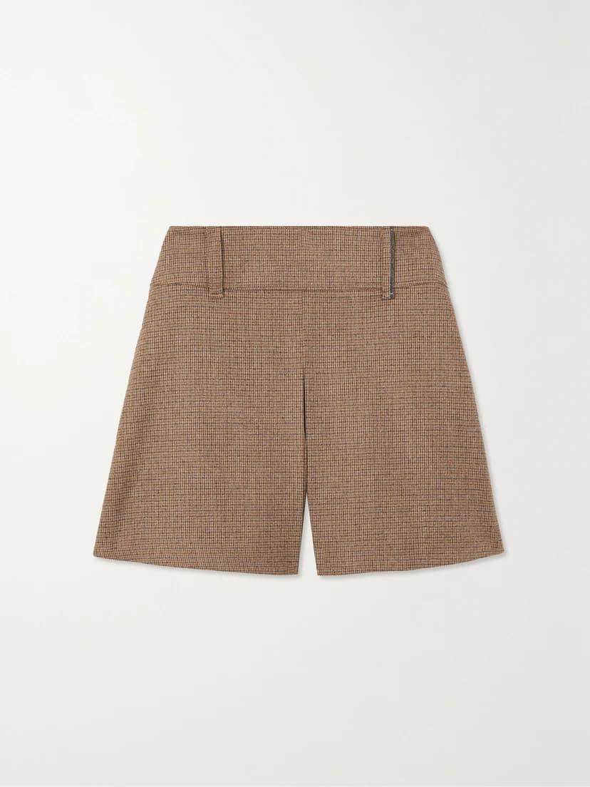 Bead-Embellished Checked Wool-Blend Shorts - Image 1