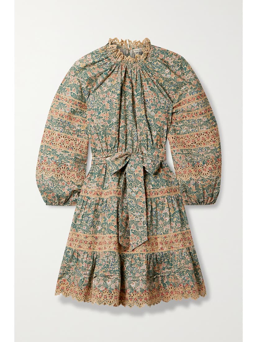Ardith Belted Broderie Anglaise-Trimmed Floral-Print Cotton-Poplin Mini Dress - Image 1