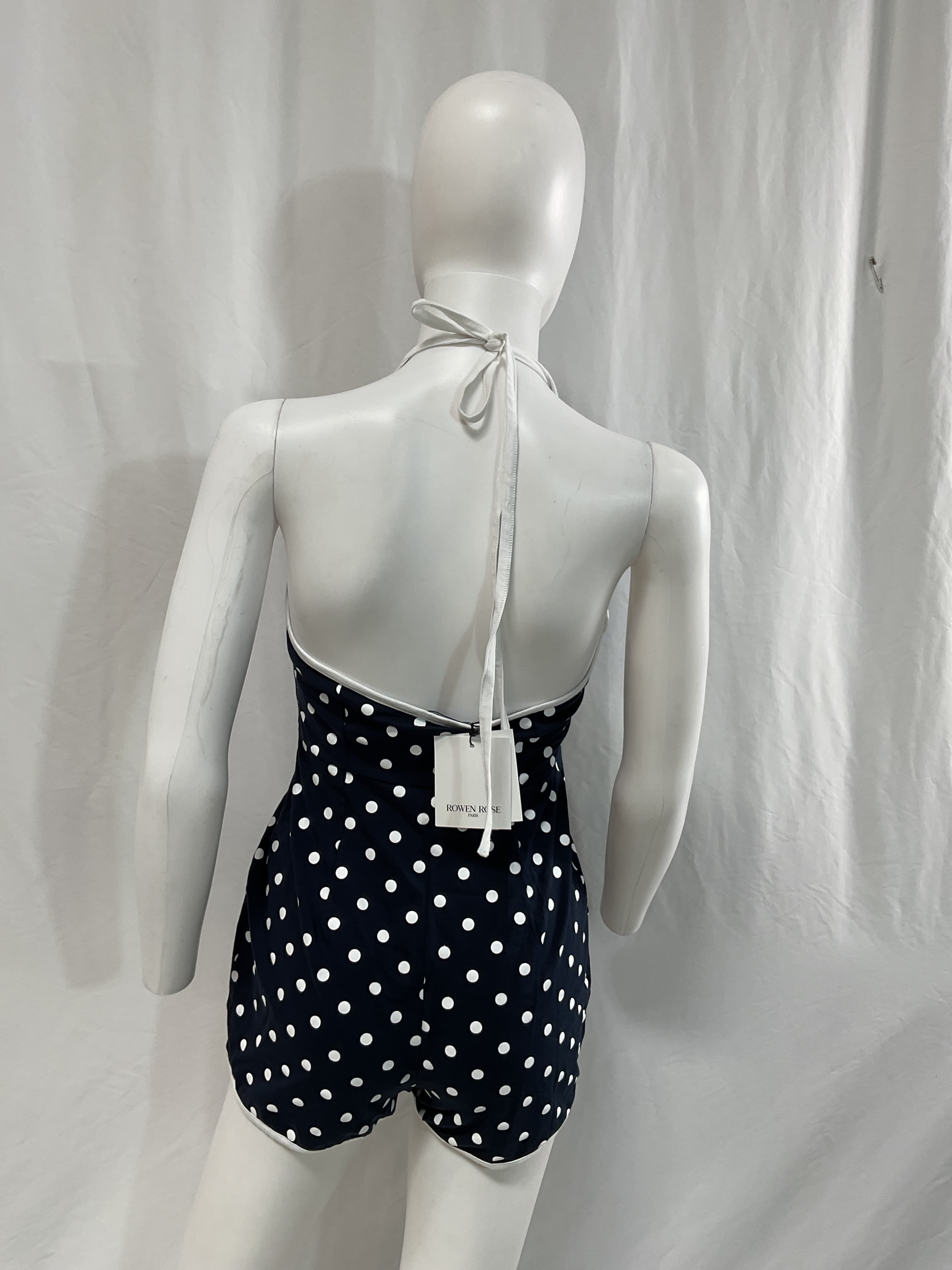 Backless Romper In Navy Blue & White Polka Dots - Image 2