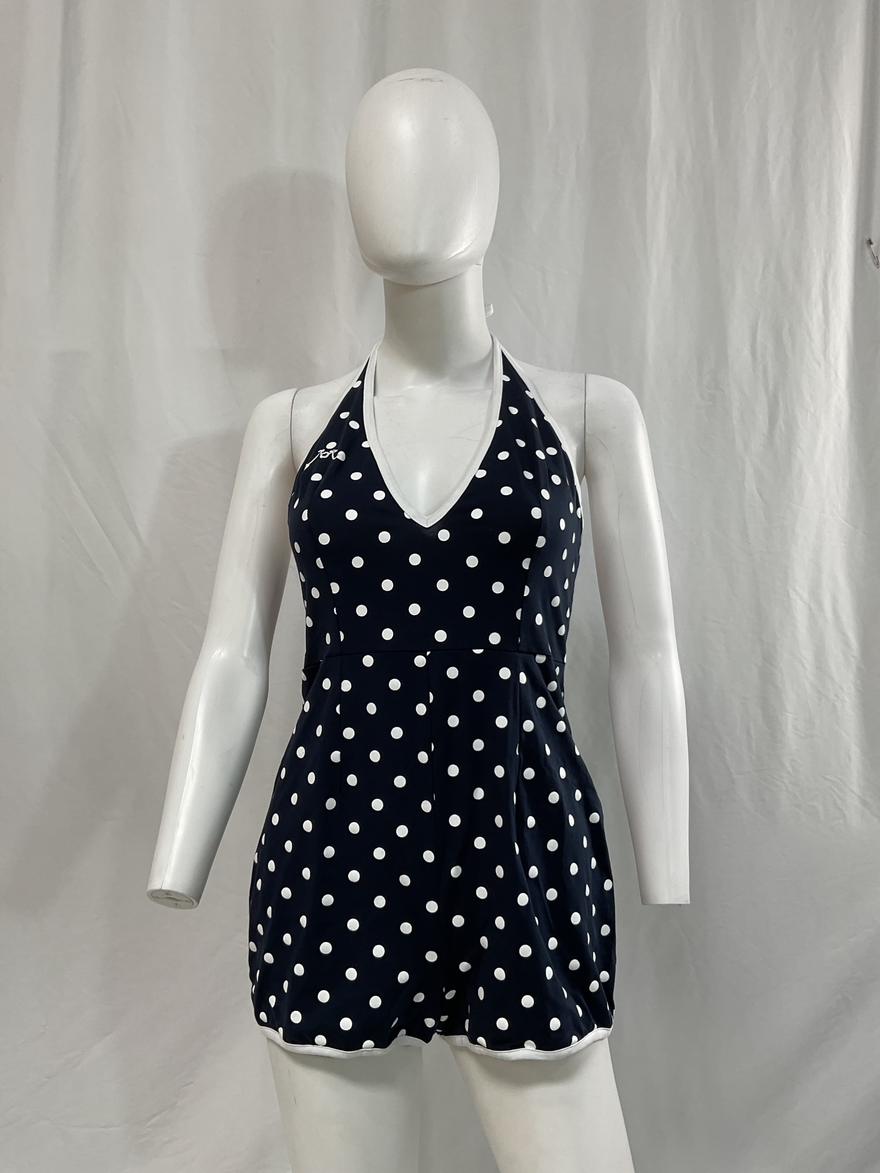 Backless Romper In Navy Blue & White Polka Dots - Image 4