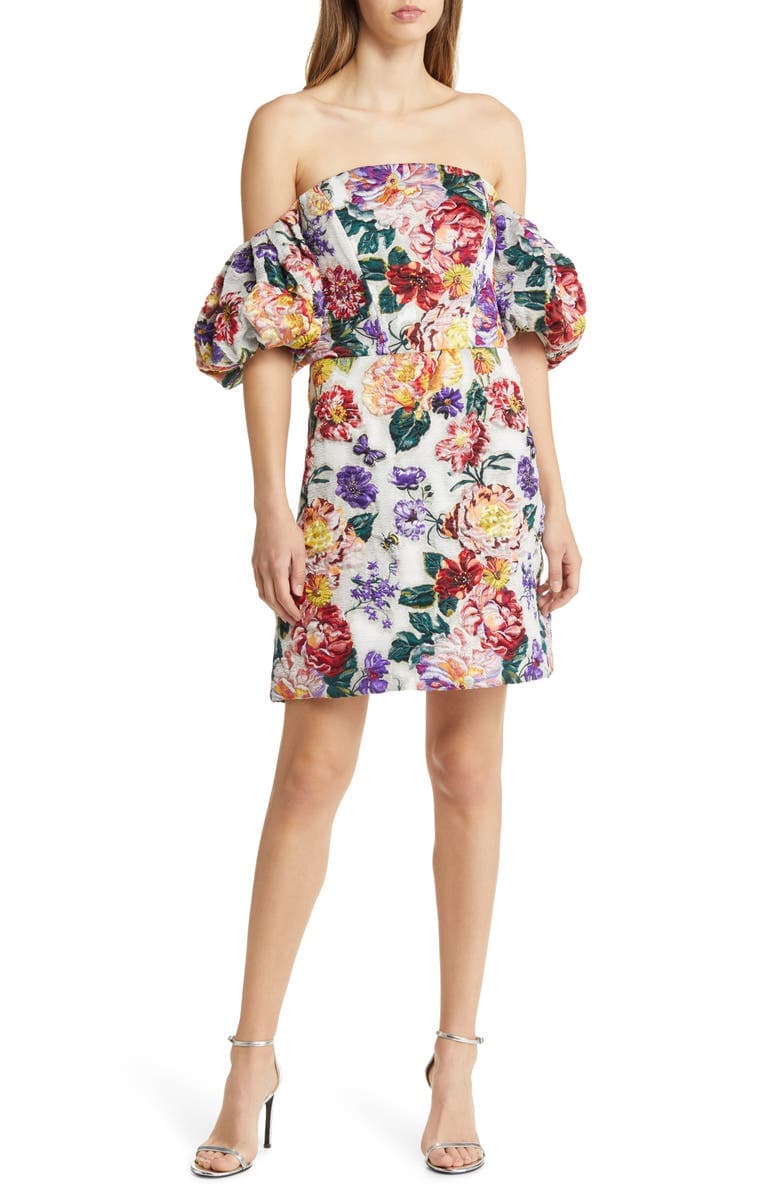 Floral Puff Sleeve Fil Coup Cocktail Dress - Image 1