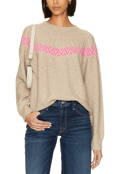 Mix Stitch Nordic Crew Sweater In Ludlow & Neon Pink - Image 1