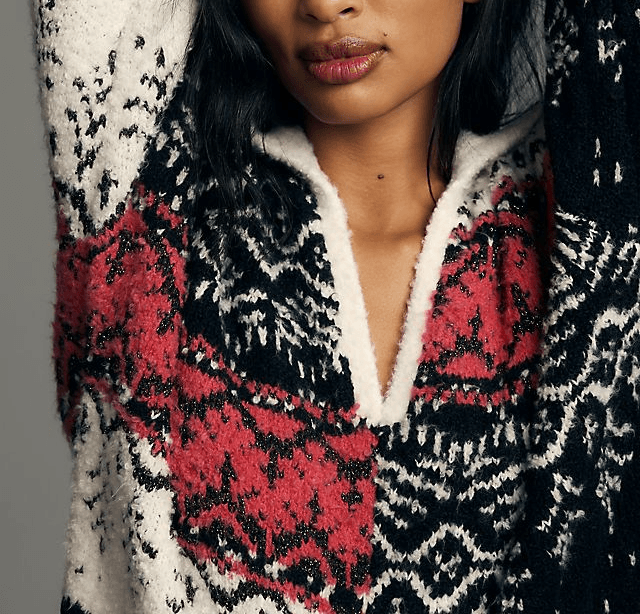 V-Neck Fuzzy Printed Popover Sweater - Image 1